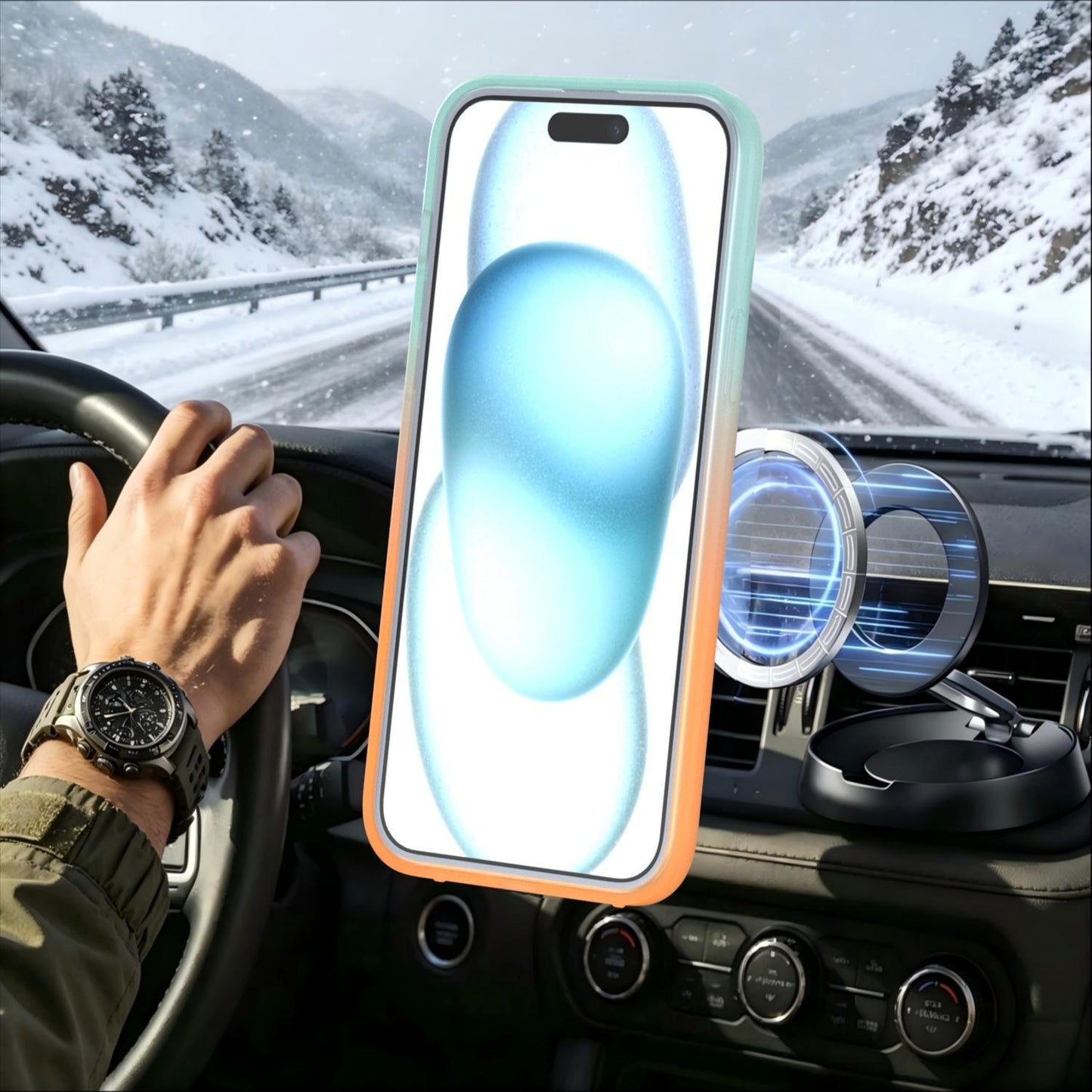 For iPhone 15 Plus / 14 Plus Phantom Skin Feel Gradient 360 Degree Rotating Holder Phone Case(Orange)