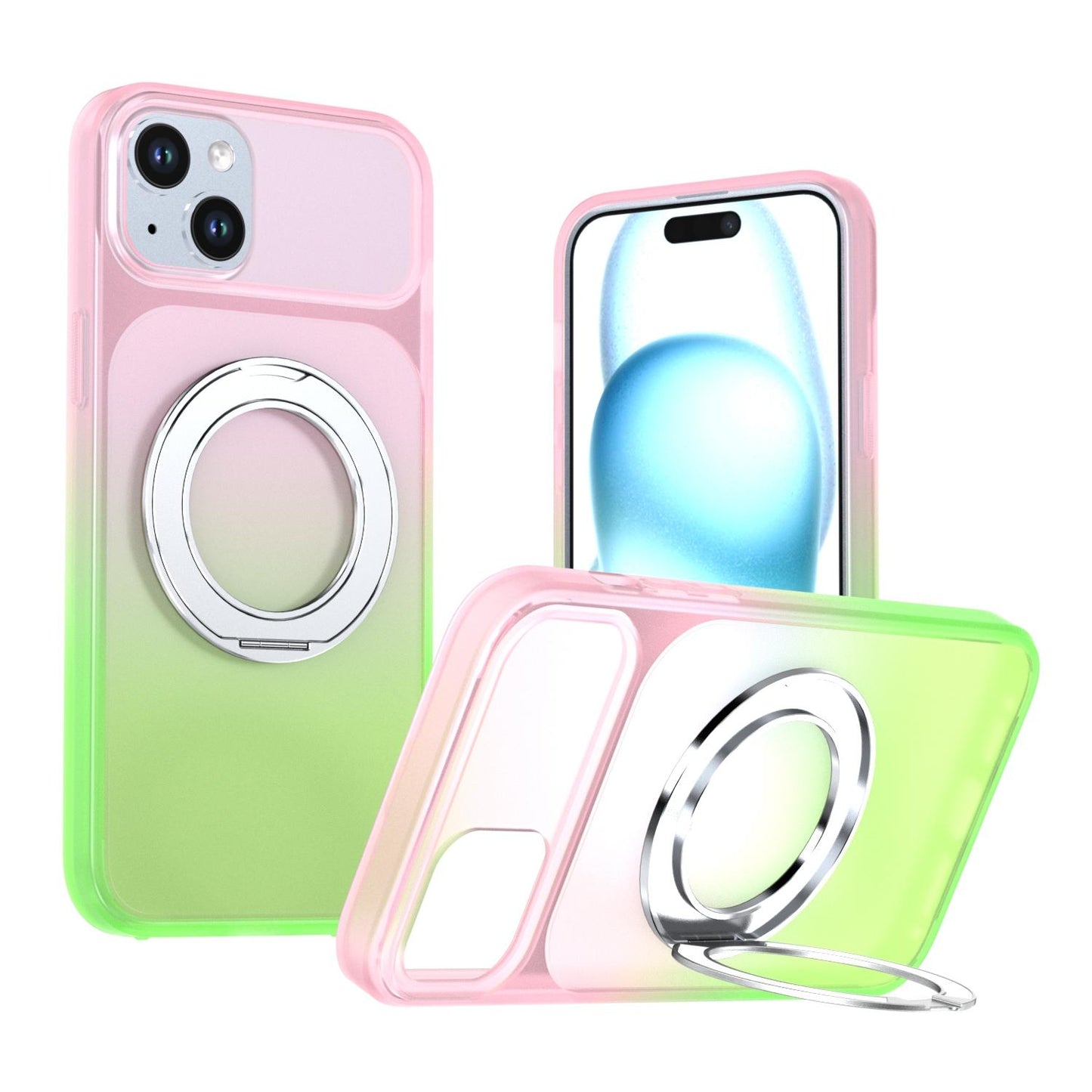 For iPhone 15 Plus / 14 Plus Phantom Skin Feel Gradient 360 Degree Rotating Holder Phone Case(Pink)