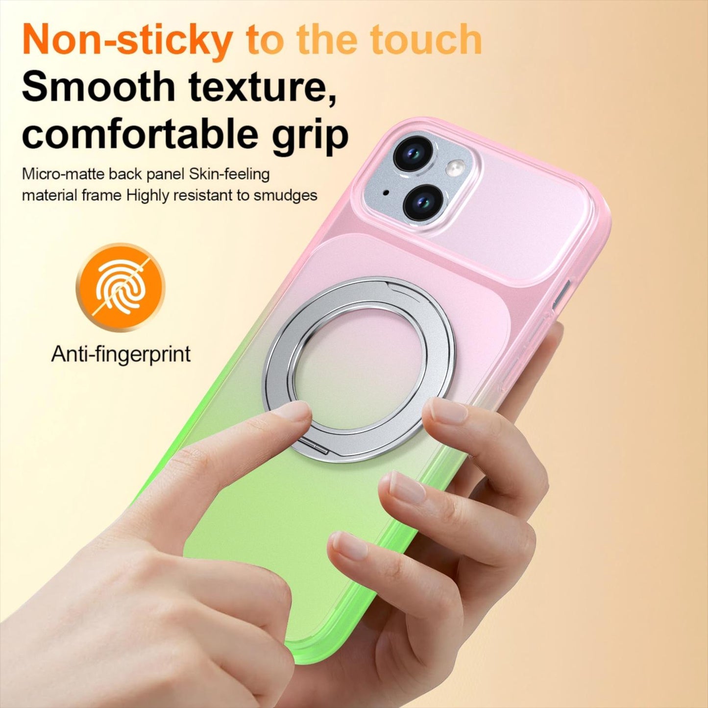 For iPhone 15 Plus / 14 Plus Phantom Skin Feel Gradient 360 Degree Rotating Holder Phone Case(Pink)