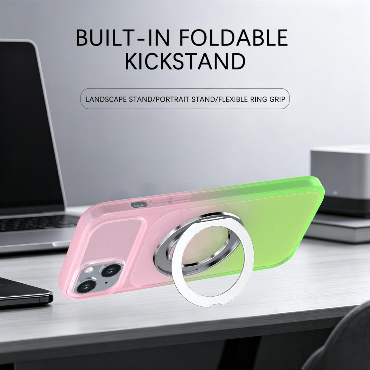 For iPhone 15 Plus / 14 Plus Phantom Skin Feel Gradient 360 Degree Rotating Holder Phone Case - Pink - EDA009999011B
