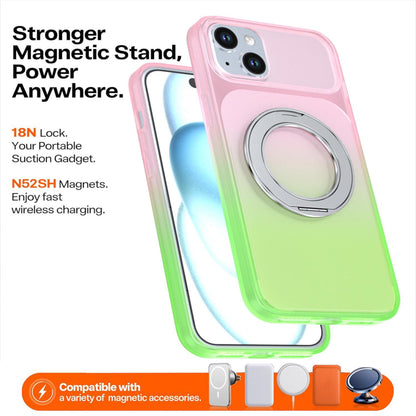 For iPhone 15 Plus / 14 Plus Phantom Skin Feel Gradient 360 Degree Rotating Holder Phone Case(Pink)