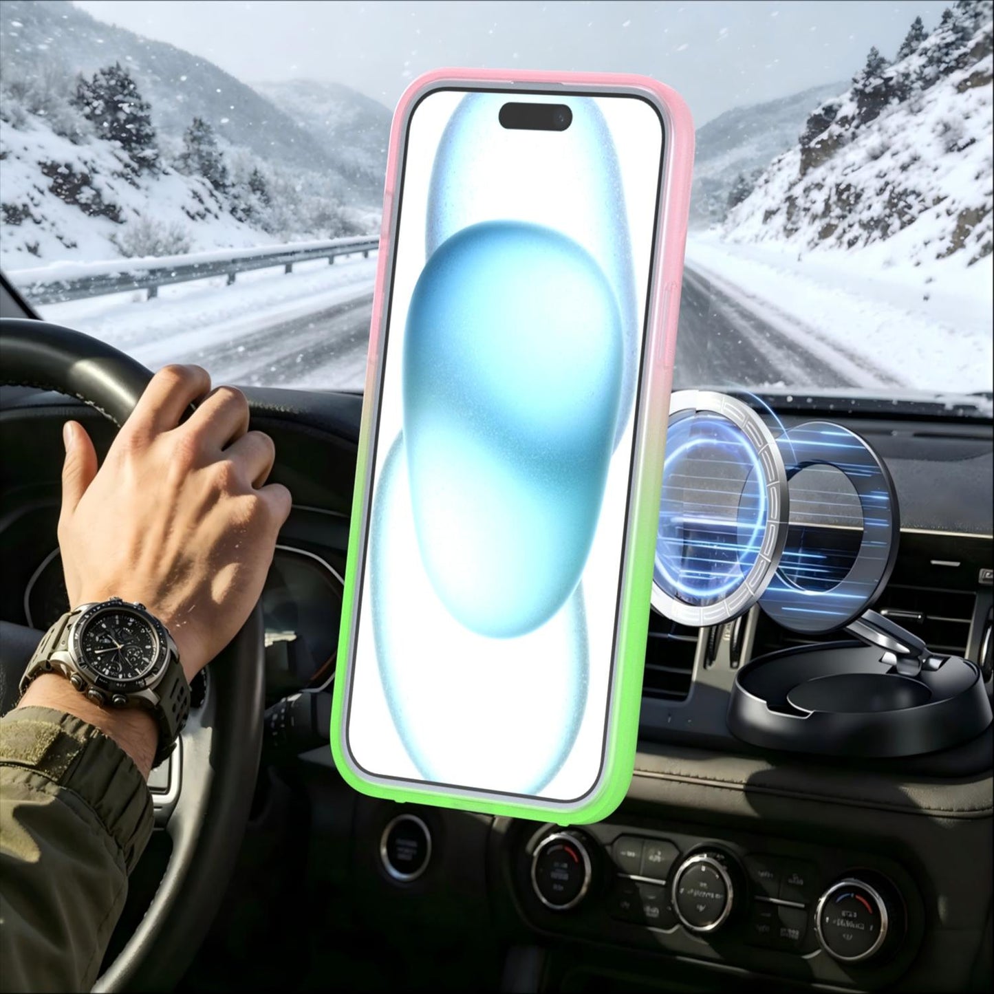 For iPhone 15 Plus / 14 Plus Phantom Skin Feel Gradient 360 Degree Rotating Holder Phone Case(Pink)
