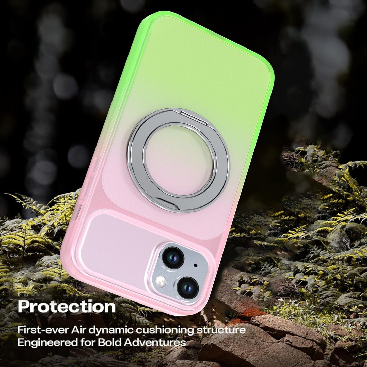 For iPhone 15 Plus / 14 Plus Phantom Skin Feel Gradient 360 Degree Rotating Holder Phone Case(Pink)