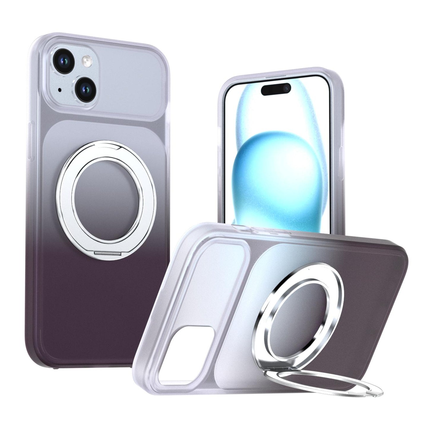 For iPhone 15 Plus / 14 Plus Phantom Skin Feel Gradient 360 Degree Rotating Holder Phone Case(Grey)