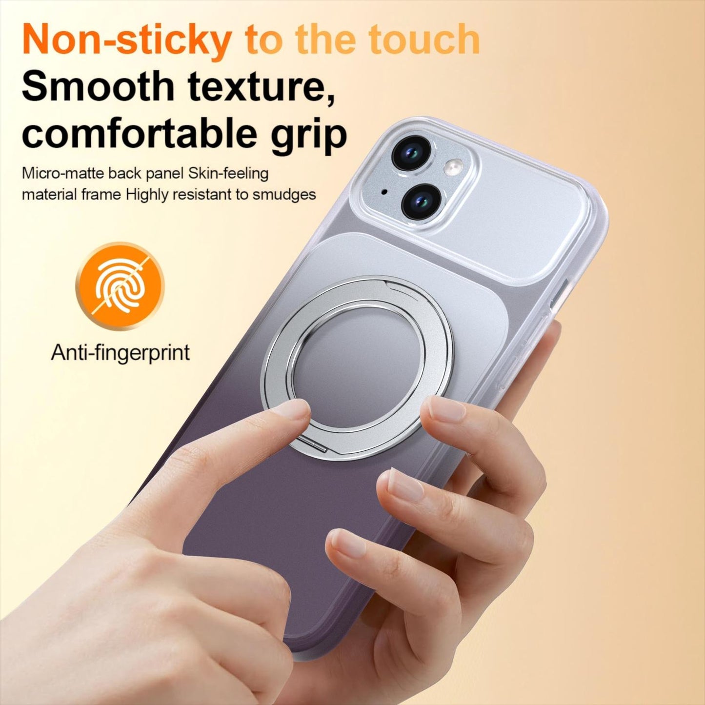 For iPhone 15 Plus / 14 Plus Phantom Skin Feel Gradient 360 Degree Rotating Holder Phone Case(Grey)