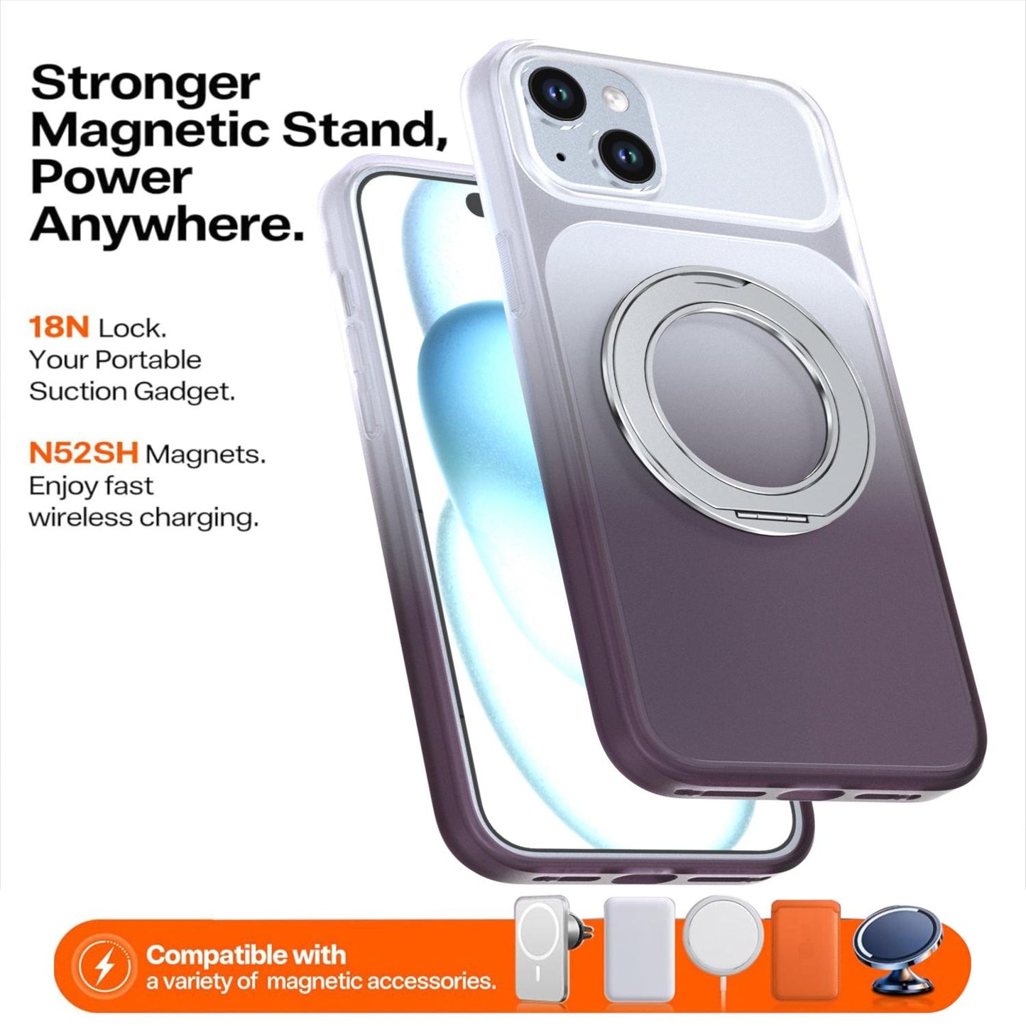 For iPhone 15 Plus / 14 Plus Phantom Skin Feel Gradient 360 Degree Rotating Holder Phone Case(Grey)