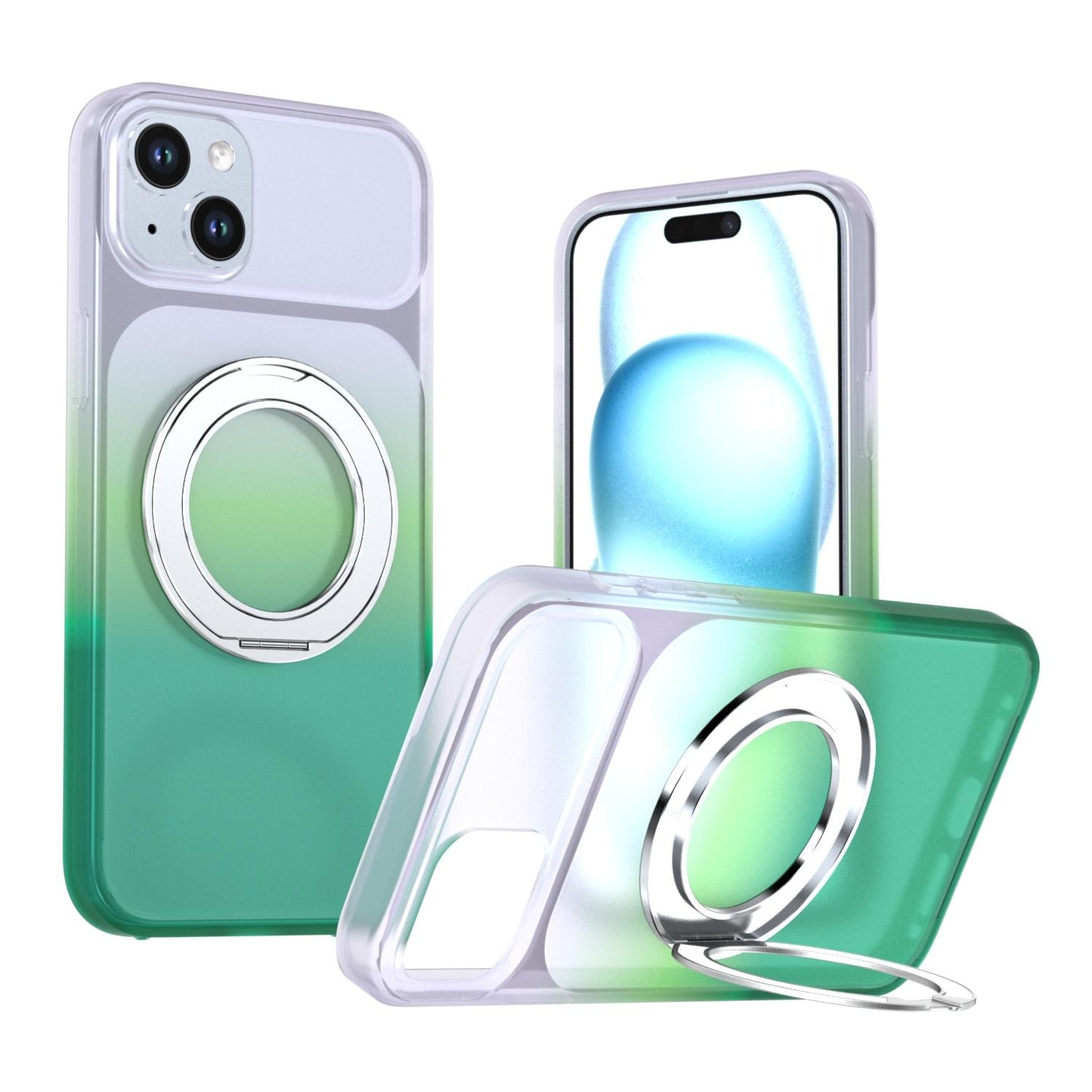 For iPhone 15 Plus / 14 Plus Phantom Skin Feel Gradient 360 Degree Rotating Holder Phone Case(Green)