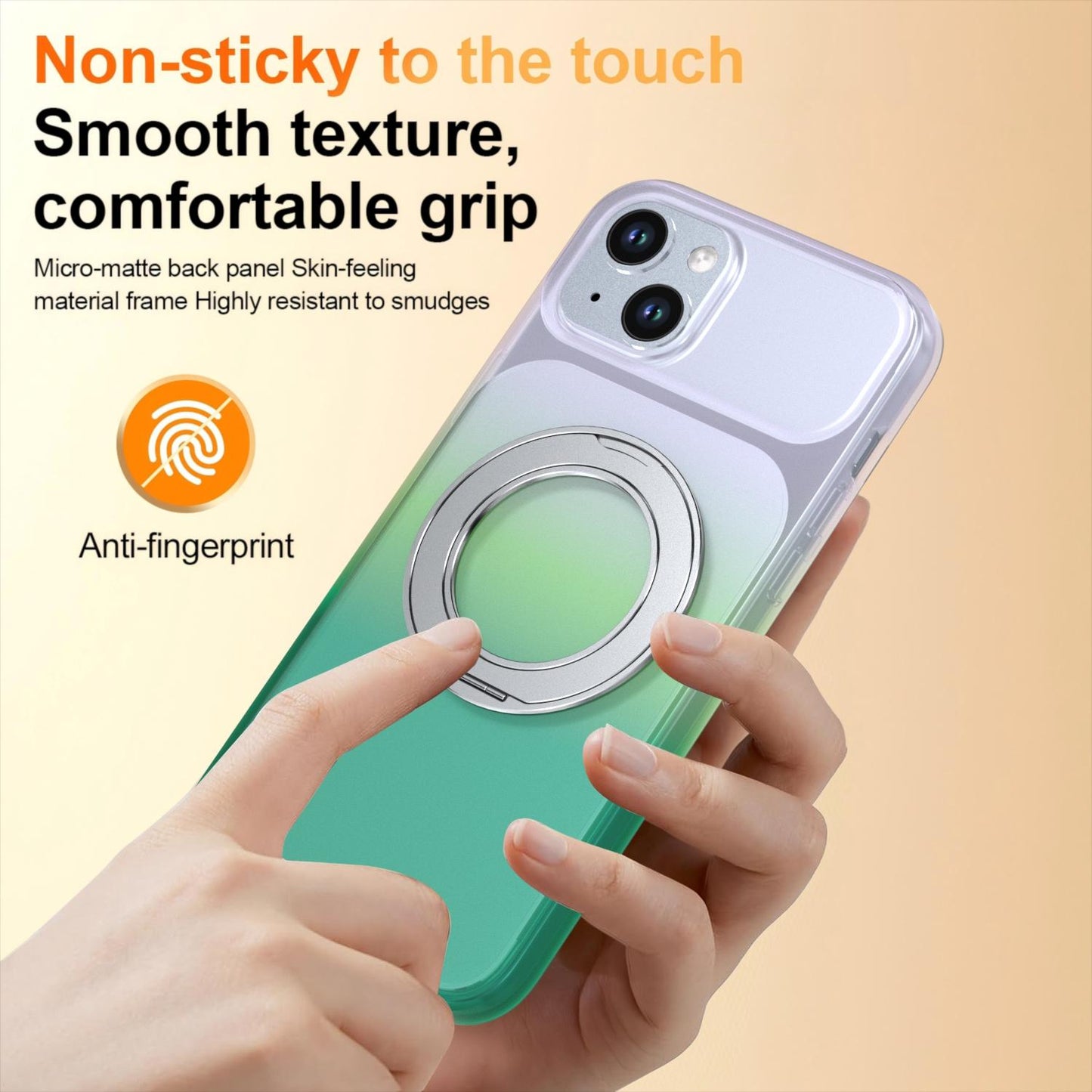 For iPhone 15 Plus / 14 Plus Phantom Skin Feel Gradient 360 Degree Rotating Holder Phone Case(Green)