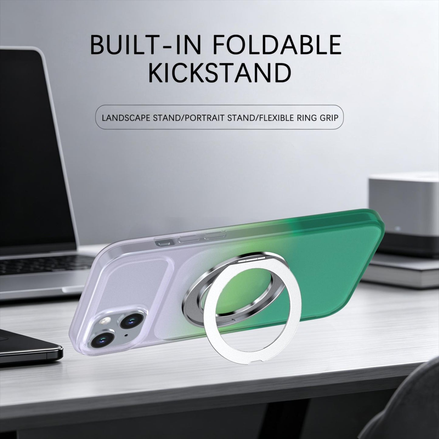 For iPhone 15 Plus / 14 Plus Phantom Skin Feel Gradient 360 Degree Rotating Holder Phone Case(Green)