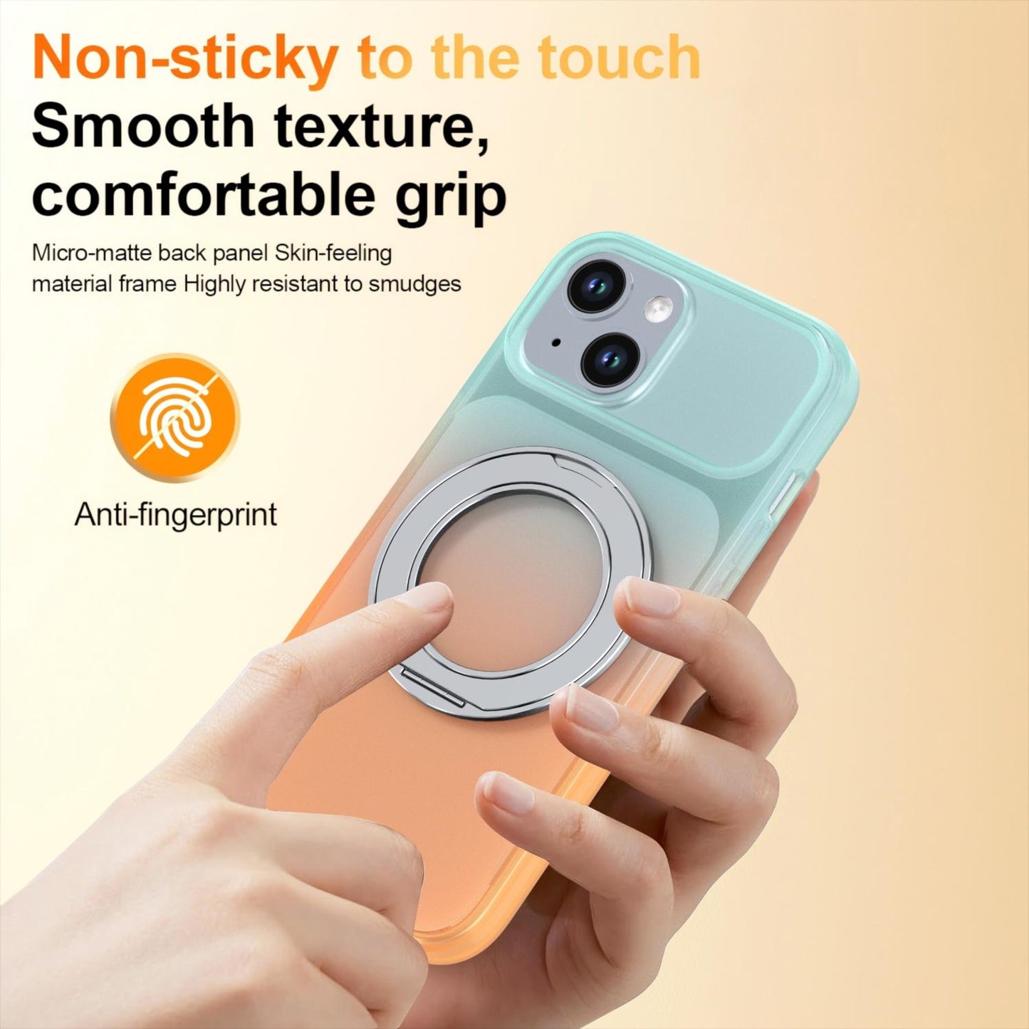 For iPhone 15 Phantom Skin Feel Gradient 360 Degree Rotating Holder Phone Case(Orange)
