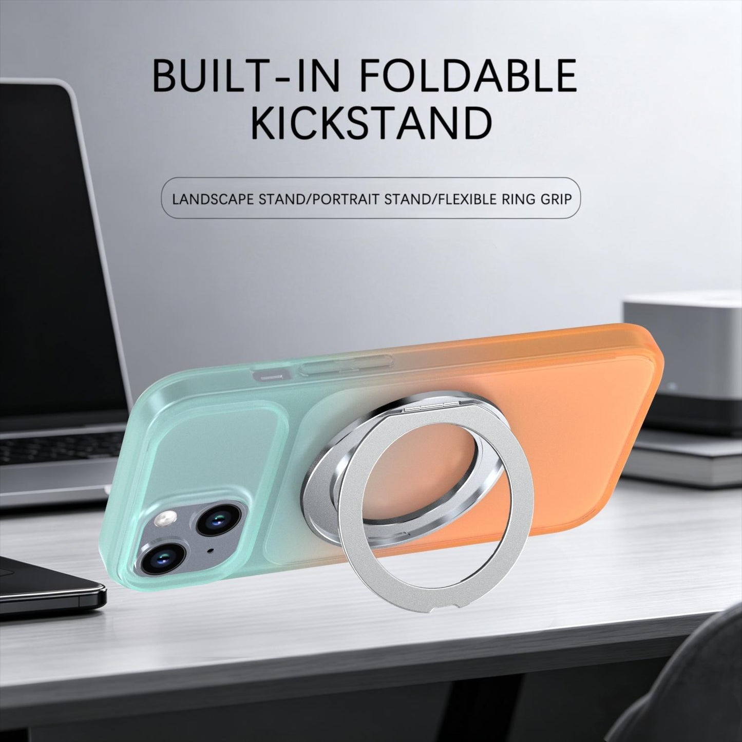 For iPhone 15 Phantom Skin Feel Gradient 360 Degree Rotating Holder Phone Case(Orange)