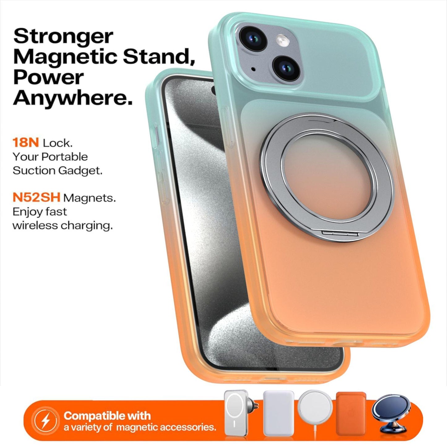 For iPhone 15 Phantom Skin Feel Gradient 360 Degree Rotating Holder Phone Case(Orange)