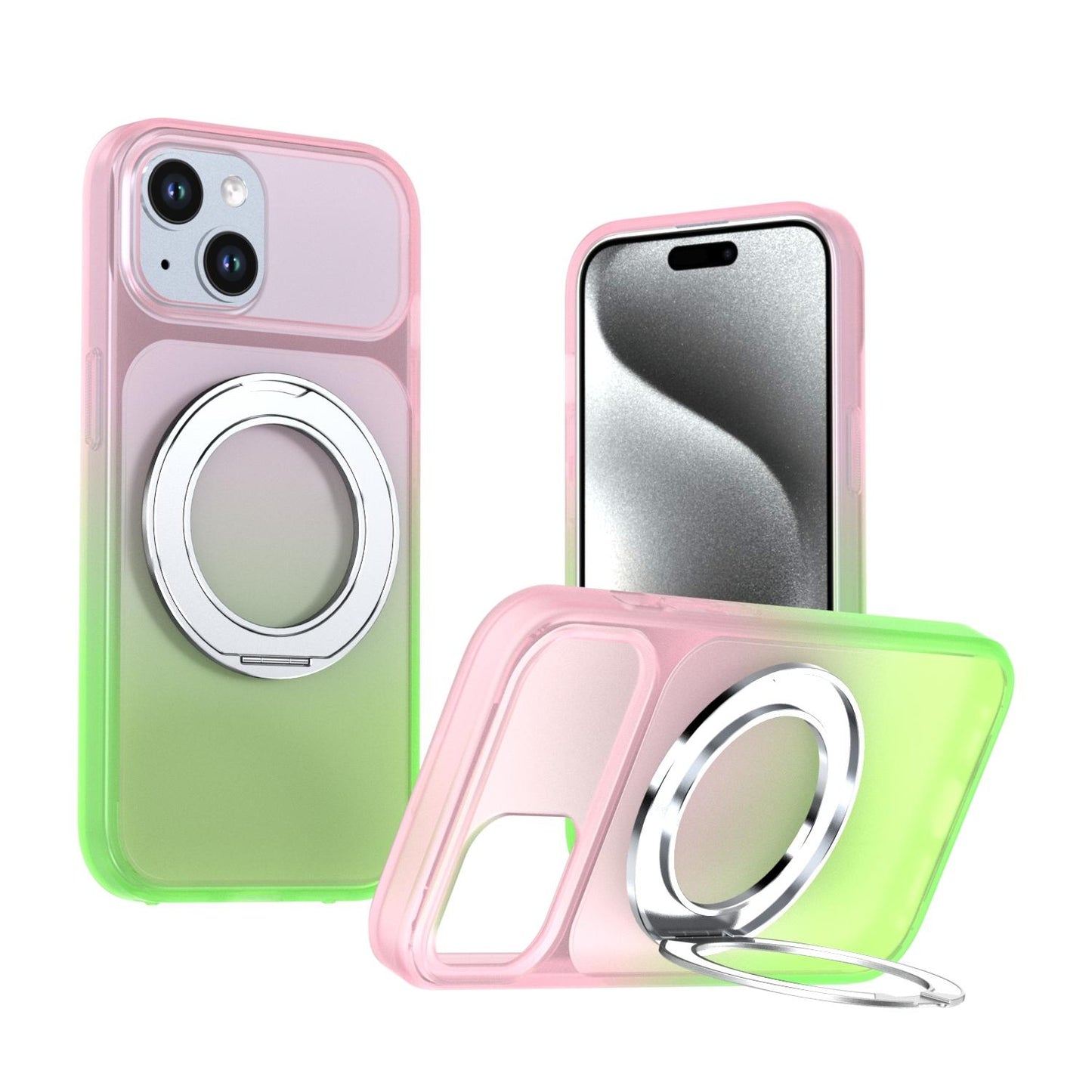 For iPhone 15 Phantom Skin Feel Gradient 360 Degree Rotating Holder Phone Case(Pink)