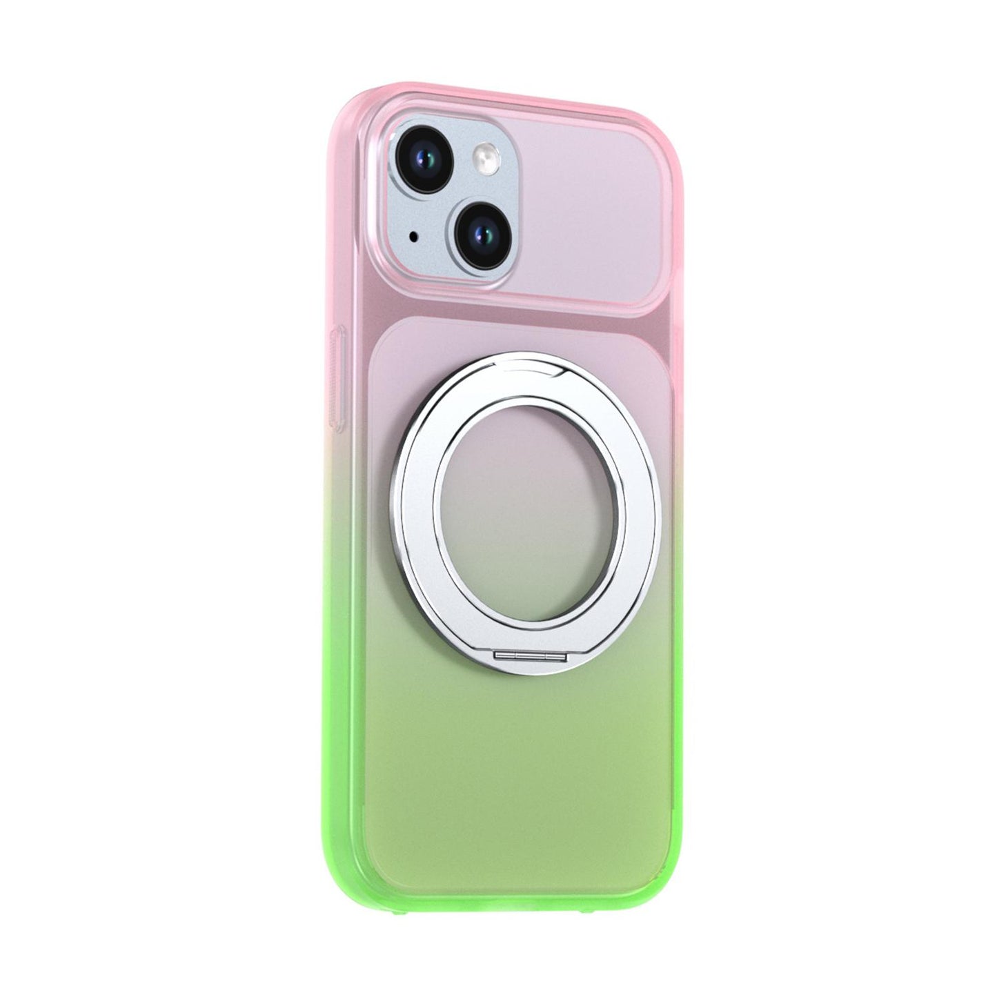 For iPhone 15 Phantom Skin Feel Gradient 360 Degree Rotating Holder Phone Case(Pink)