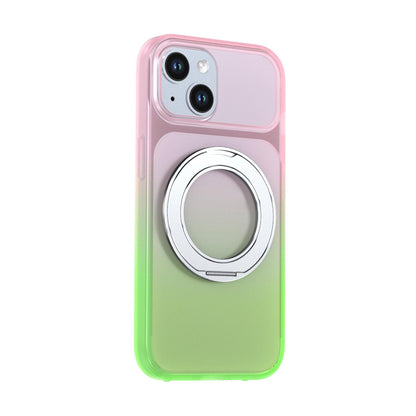 For iPhone 15 Phantom Skin Feel Gradient 360 Degree Rotating Holder Phone Case(Pink)