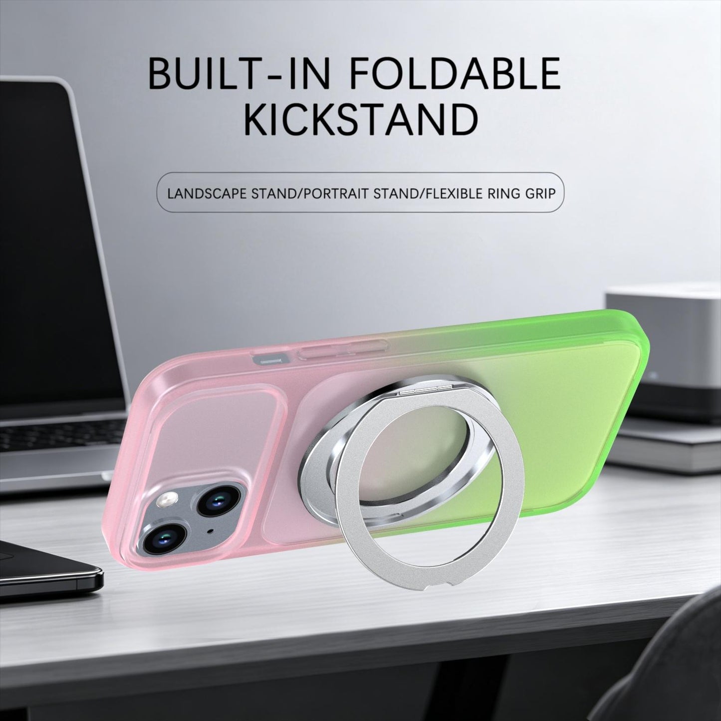 For iPhone 15 Phantom Skin Feel Gradient 360 Degree Rotating Holder Phone Case(Pink)