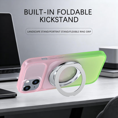 For iPhone 15 Phantom Skin Feel Gradient 360 Degree Rotating Holder Phone Case(Pink)