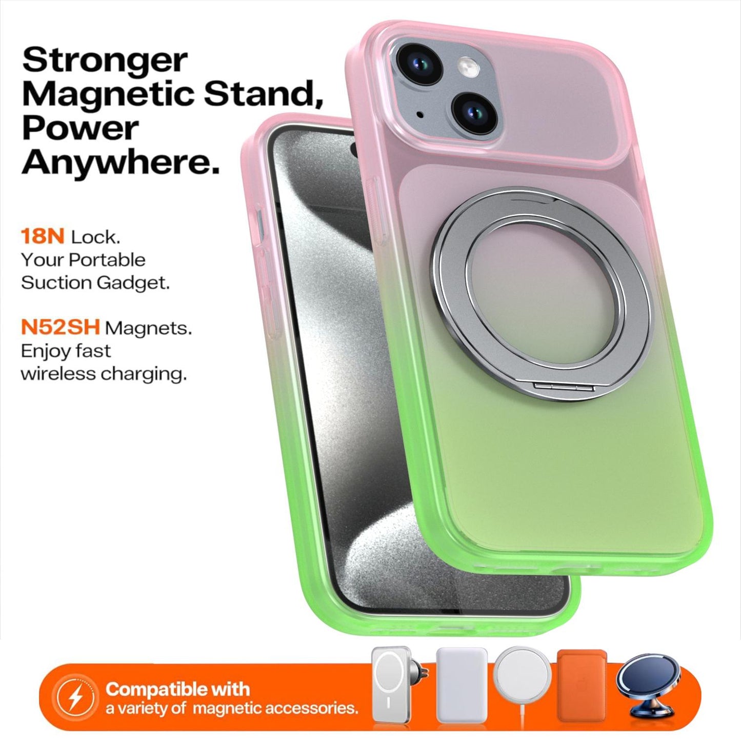 For iPhone 15 Phantom Skin Feel Gradient 360 Degree Rotating Holder Phone Case(Pink)