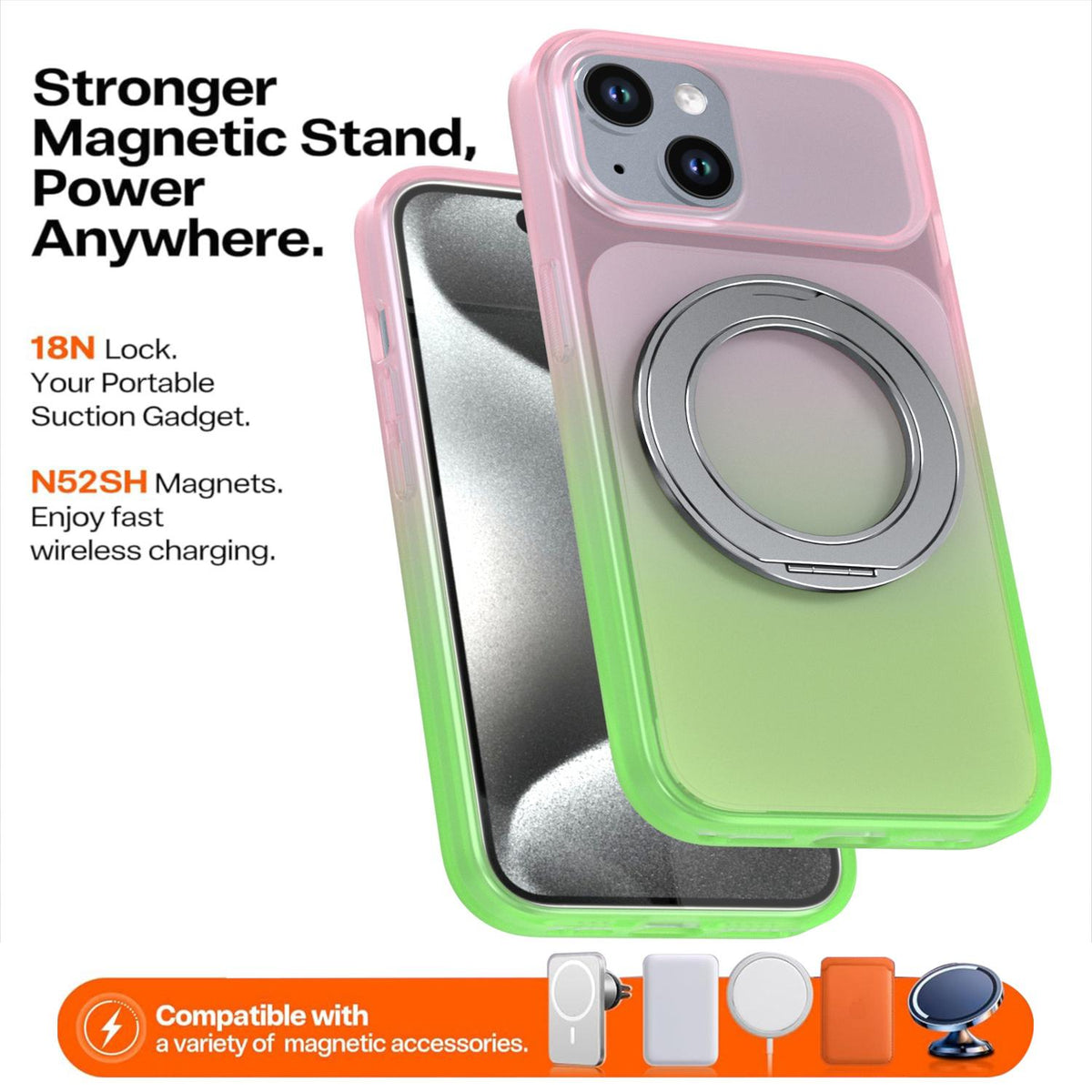 For iPhone 15 Phantom Skin Feel Gradient 360 Degree Rotating Holder Phone Case - Pink - EDA009999012B