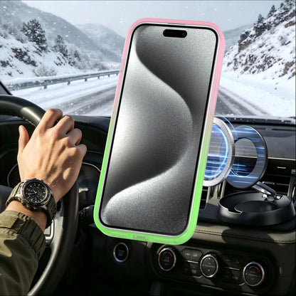 For iPhone 15 Phantom Skin Feel Gradient 360 Degree Rotating Holder Phone Case(Pink)