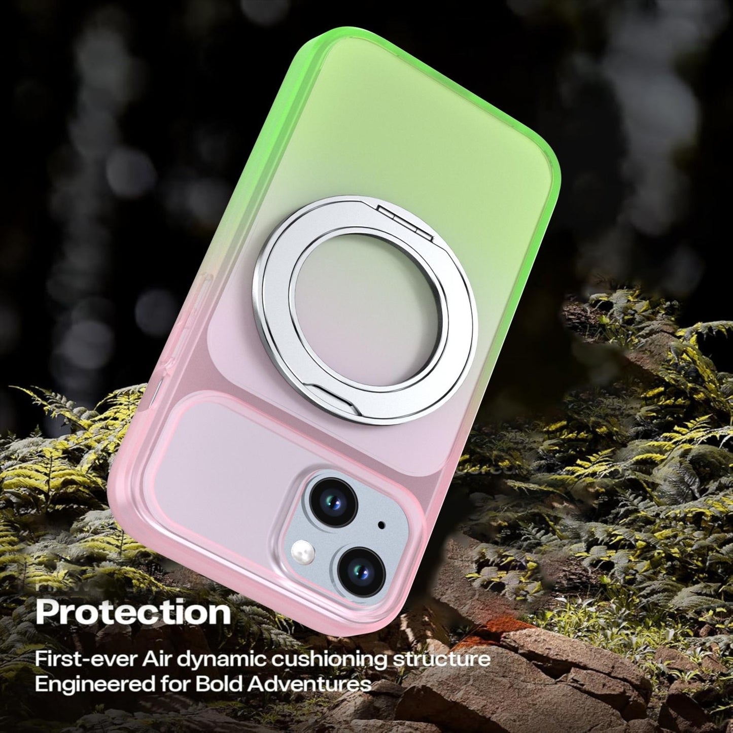For iPhone 15 Phantom Skin Feel Gradient 360 Degree Rotating Holder Phone Case(Pink)