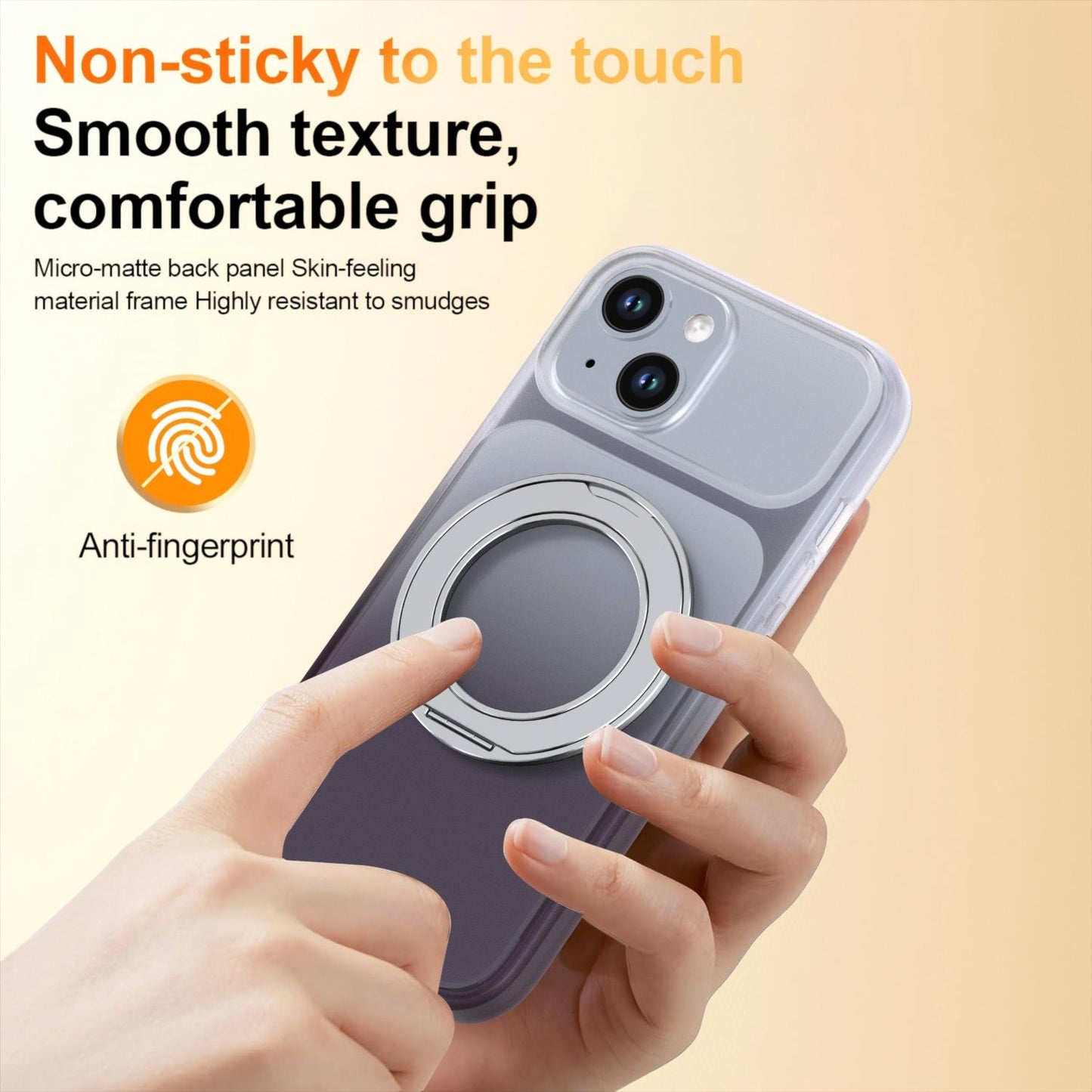 For iPhone 15 Phantom Skin Feel Gradient 360 Degree Rotating Holder Phone Case(Grey)