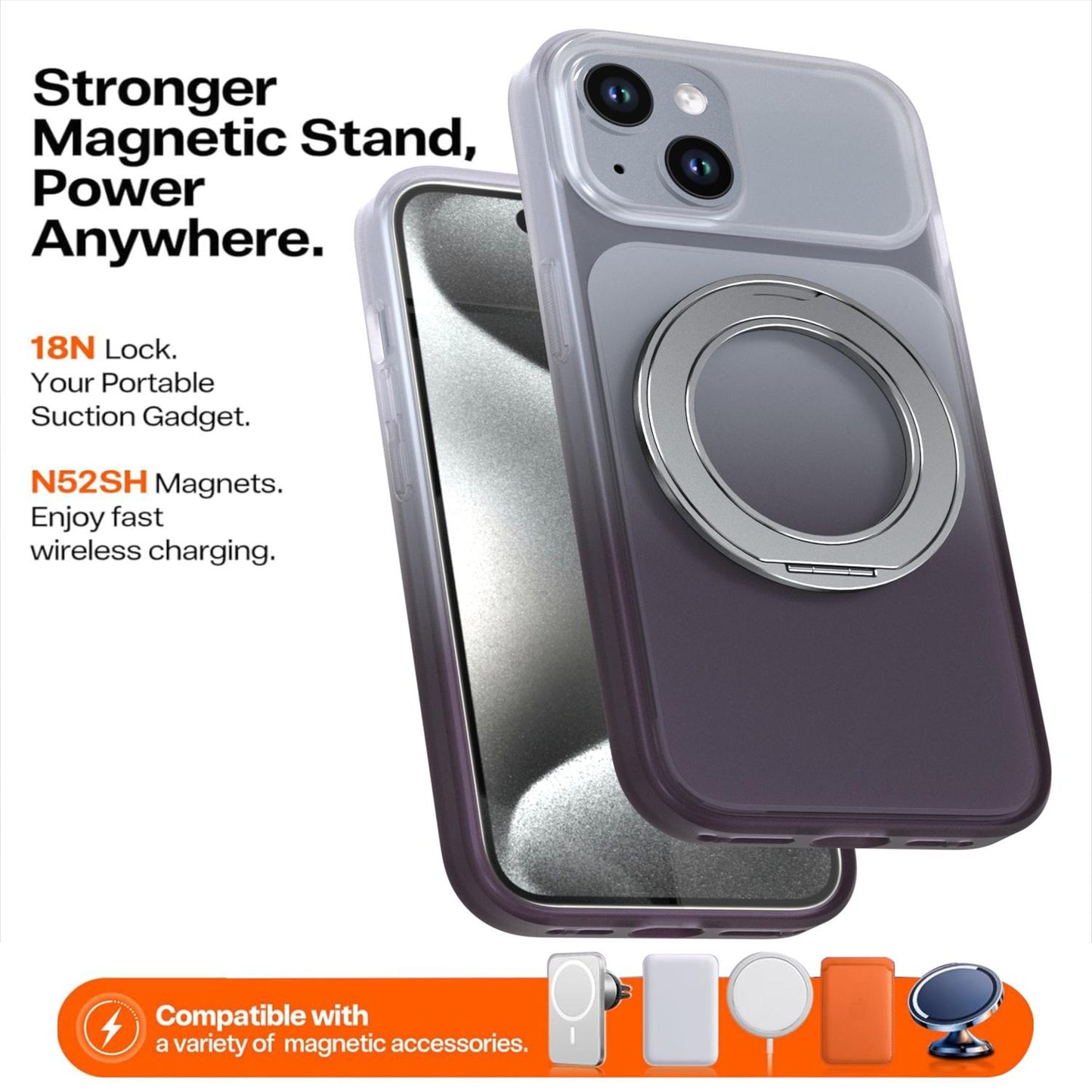 For iPhone 15 Phantom Skin Feel Gradient 360 Degree Rotating Holder Phone Case(Grey)
