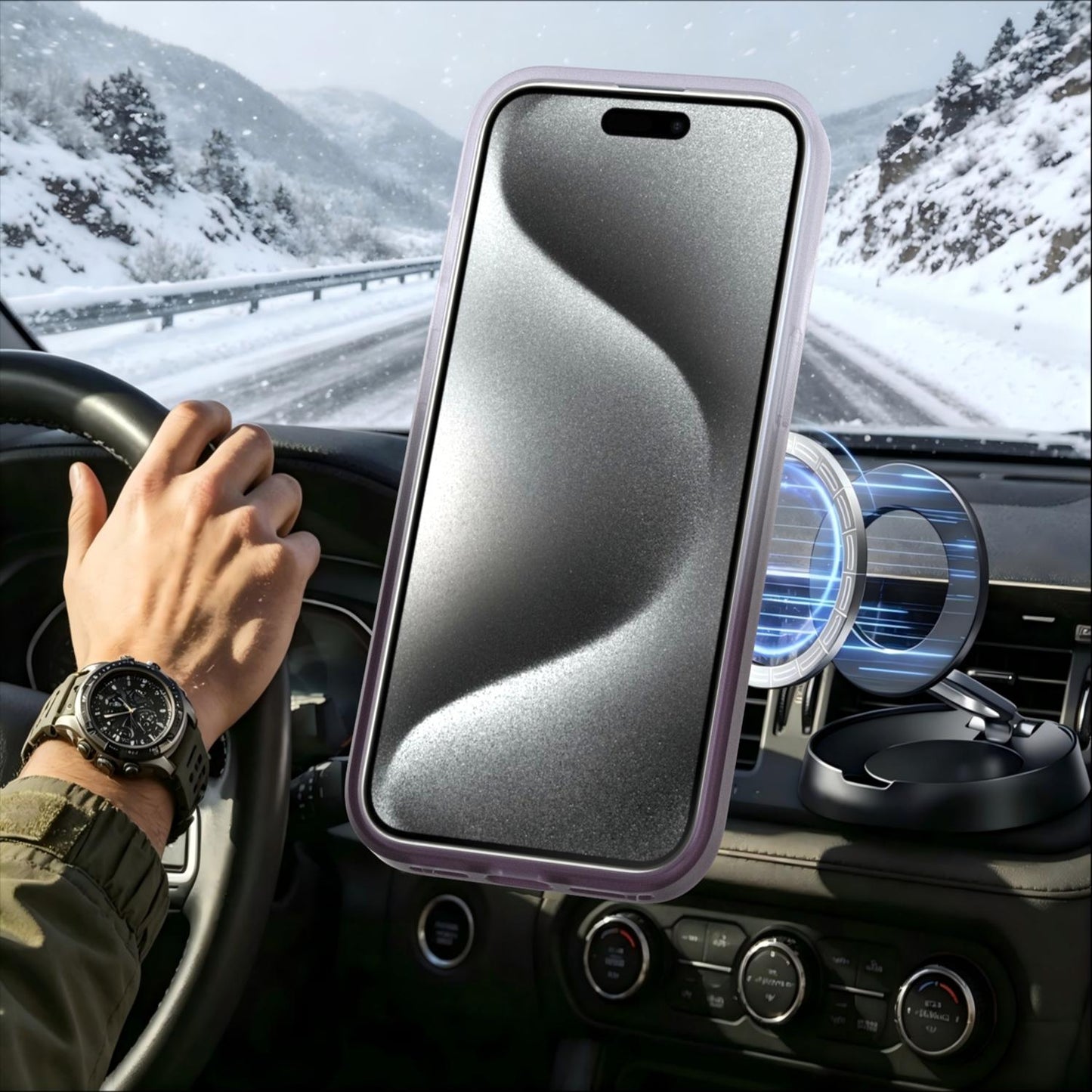 For iPhone 15 Phantom Skin Feel Gradient 360 Degree Rotating Holder Phone Case(Grey)