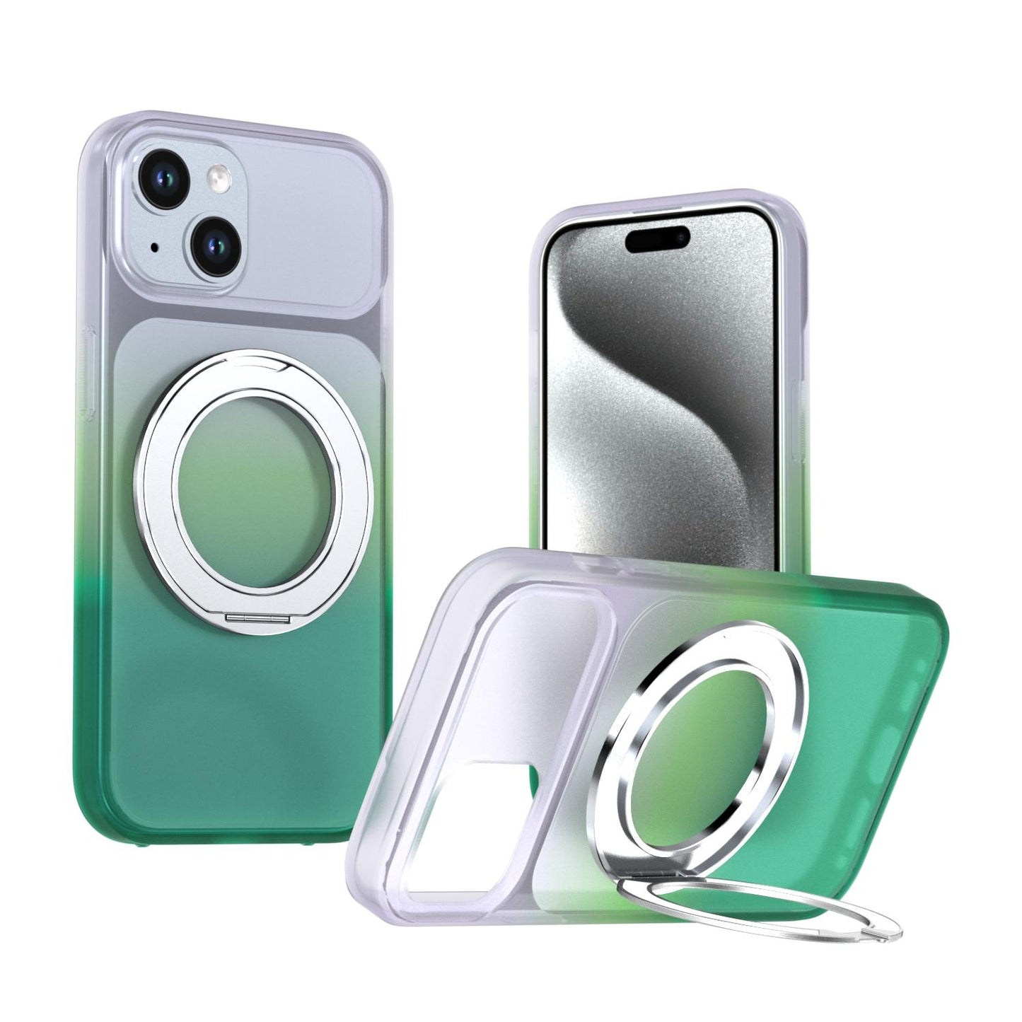 For iPhone 15 Phantom Skin Feel Gradient 360 Degree Rotating Holder Phone Case(Green)