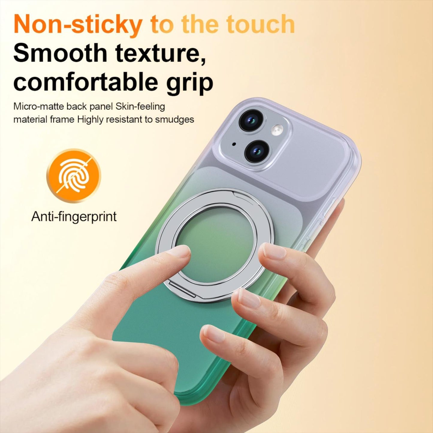 For iPhone 15 Phantom Skin Feel Gradient 360 Degree Rotating Holder Phone Case(Green)