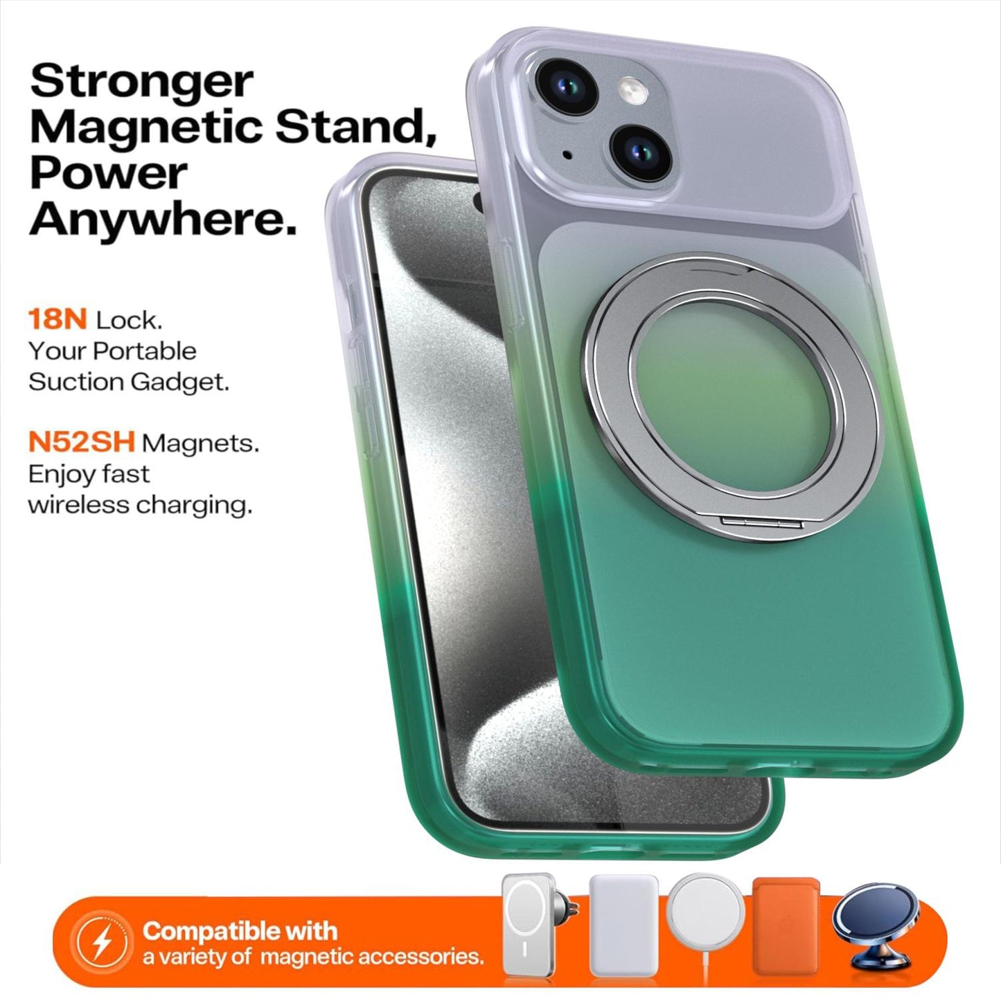 For iPhone 15 Phantom Skin Feel Gradient 360 Degree Rotating Holder Phone Case(Green)
