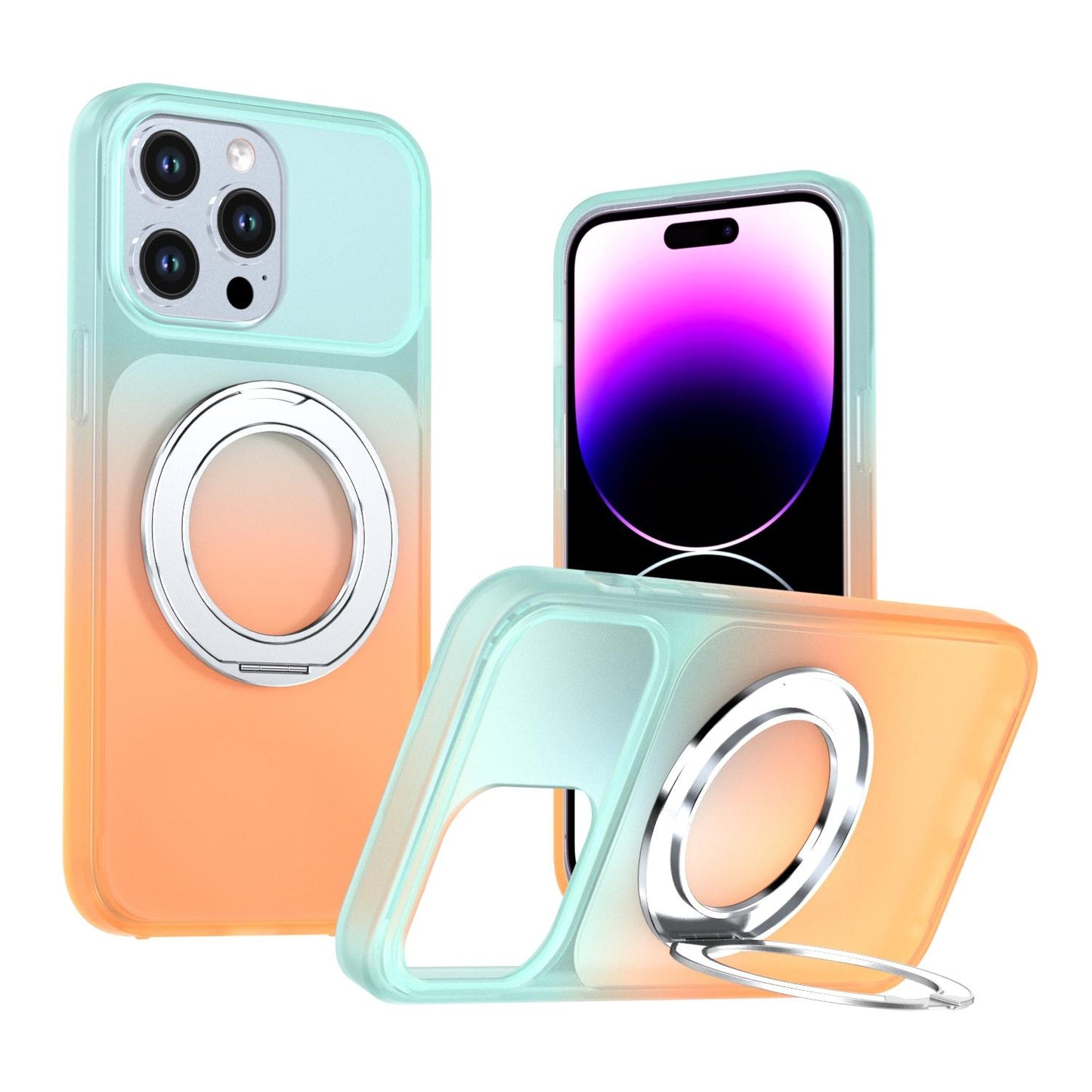 For iPhone 14 Pro Max Phantom Skin Feel Gradient 360 Degree Rotating Holder Phone Case(Orange)