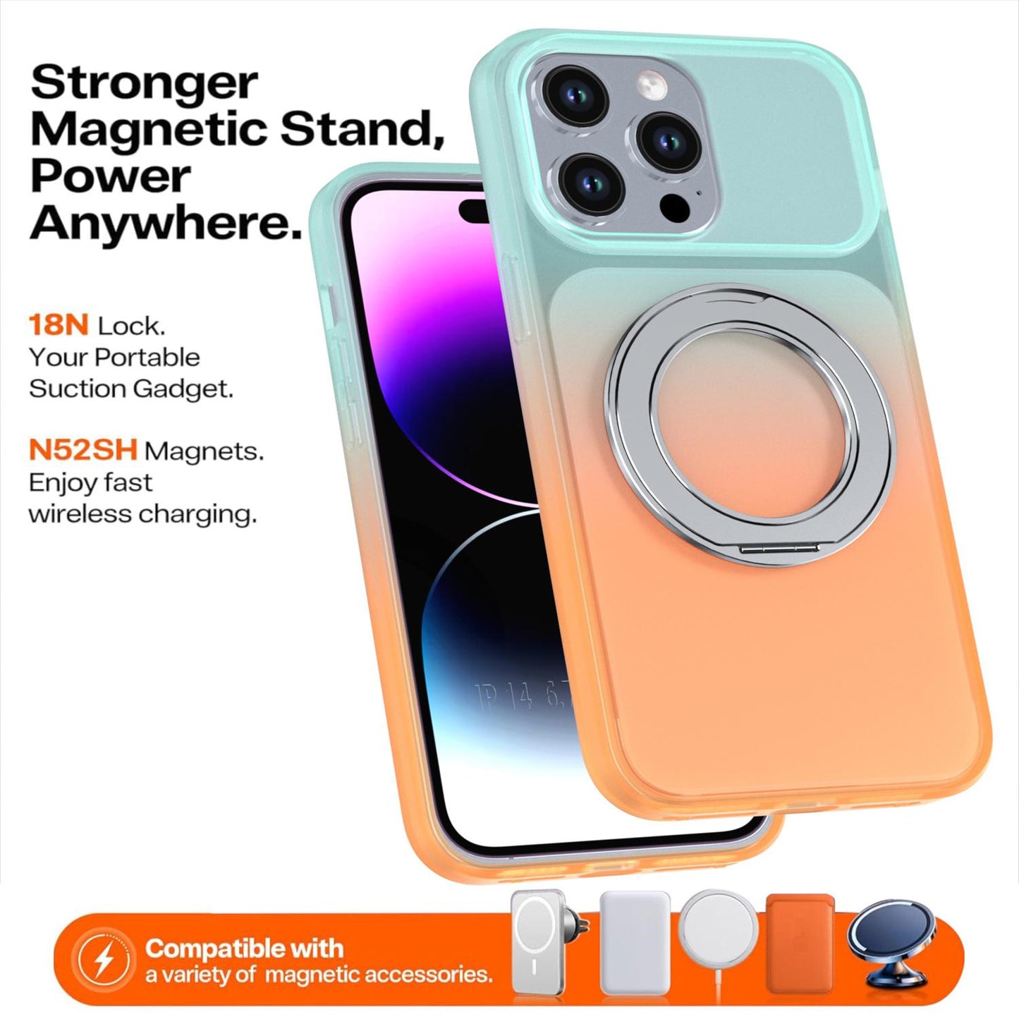 For iPhone 14 Pro Max Phantom Skin Feel Gradient 360 Degree Rotating Holder Phone Case(Orange)