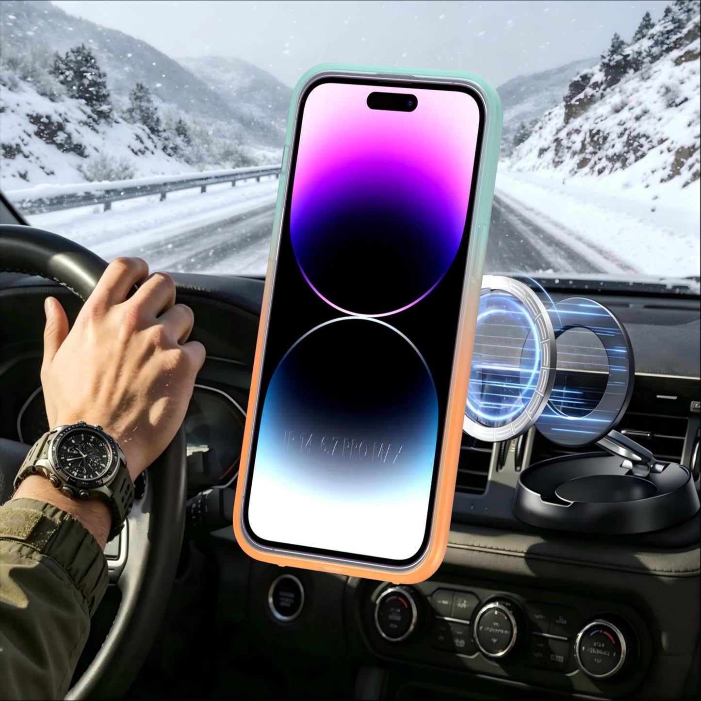 For iPhone 14 Pro Max Phantom Skin Feel Gradient 360 Degree Rotating Holder Phone Case(Orange)
