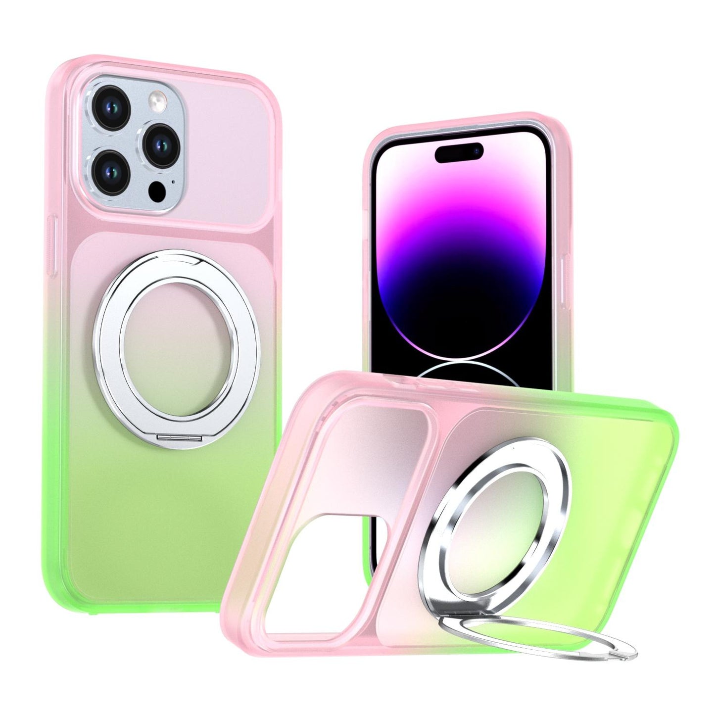 For iPhone 14 Pro Max Phantom Skin Feel Gradient 360 Degree Rotating Holder Phone Case(Pink)