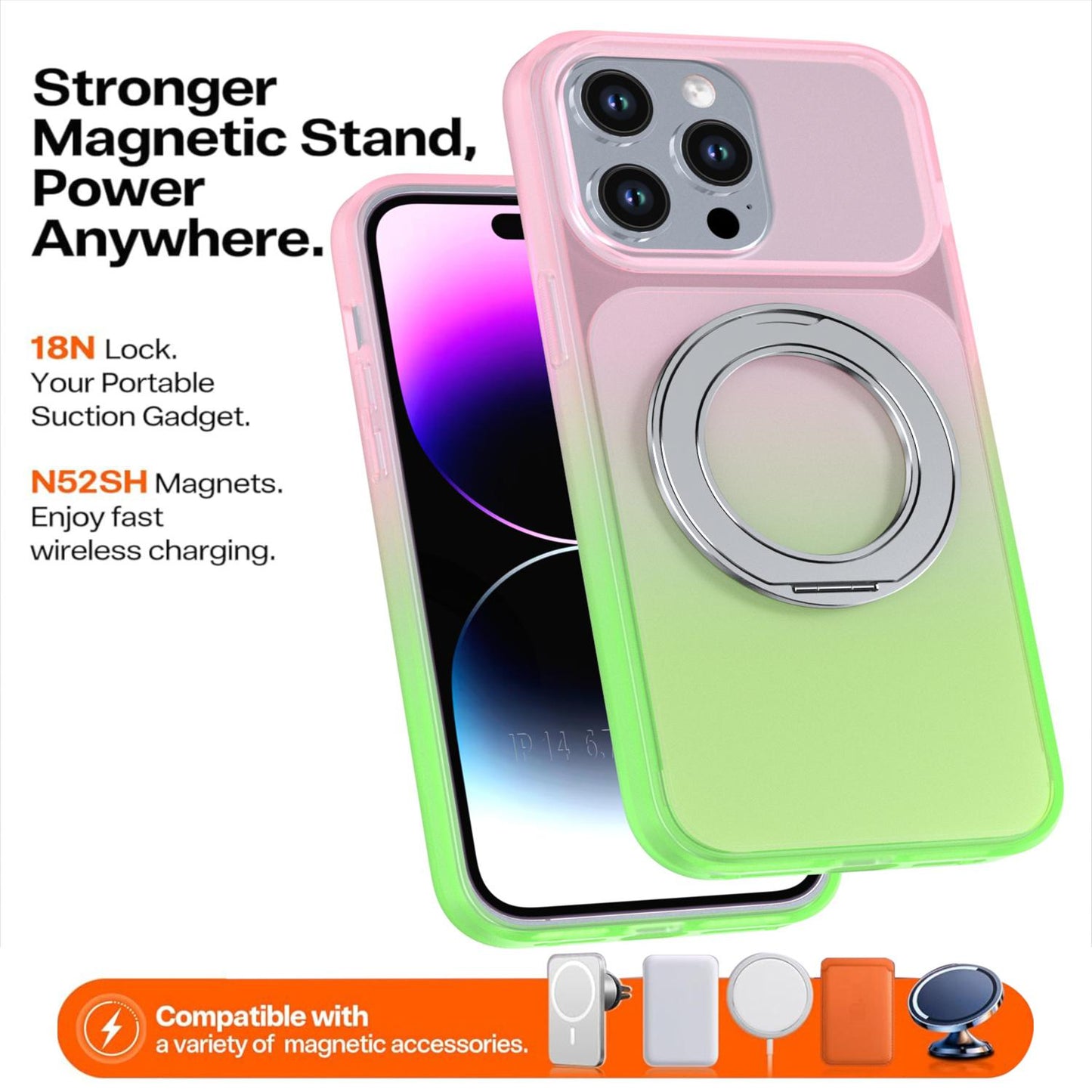 For iPhone 14 Pro Max Phantom Skin Feel Gradient 360 Degree Rotating Holder Phone Case(Pink)