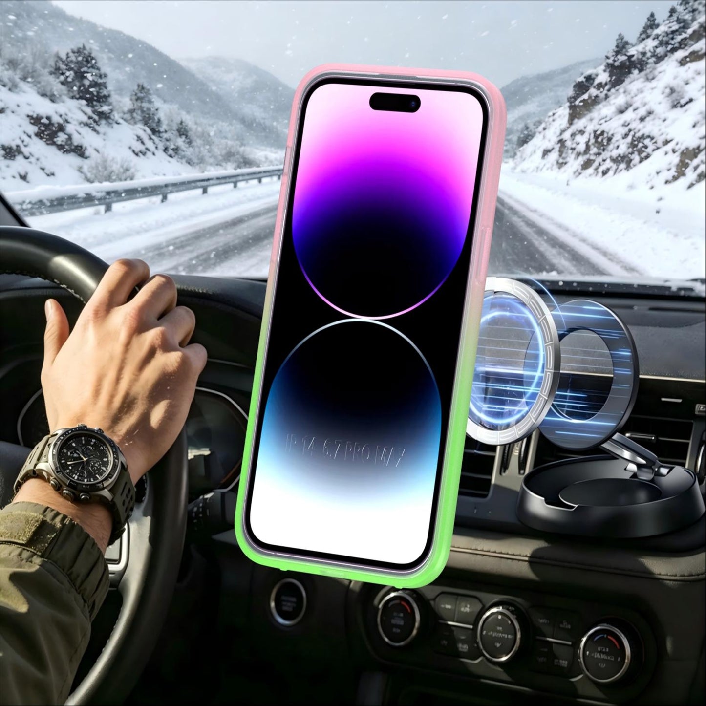For iPhone 14 Pro Max Phantom Skin Feel Gradient 360 Degree Rotating Holder Phone Case(Pink)