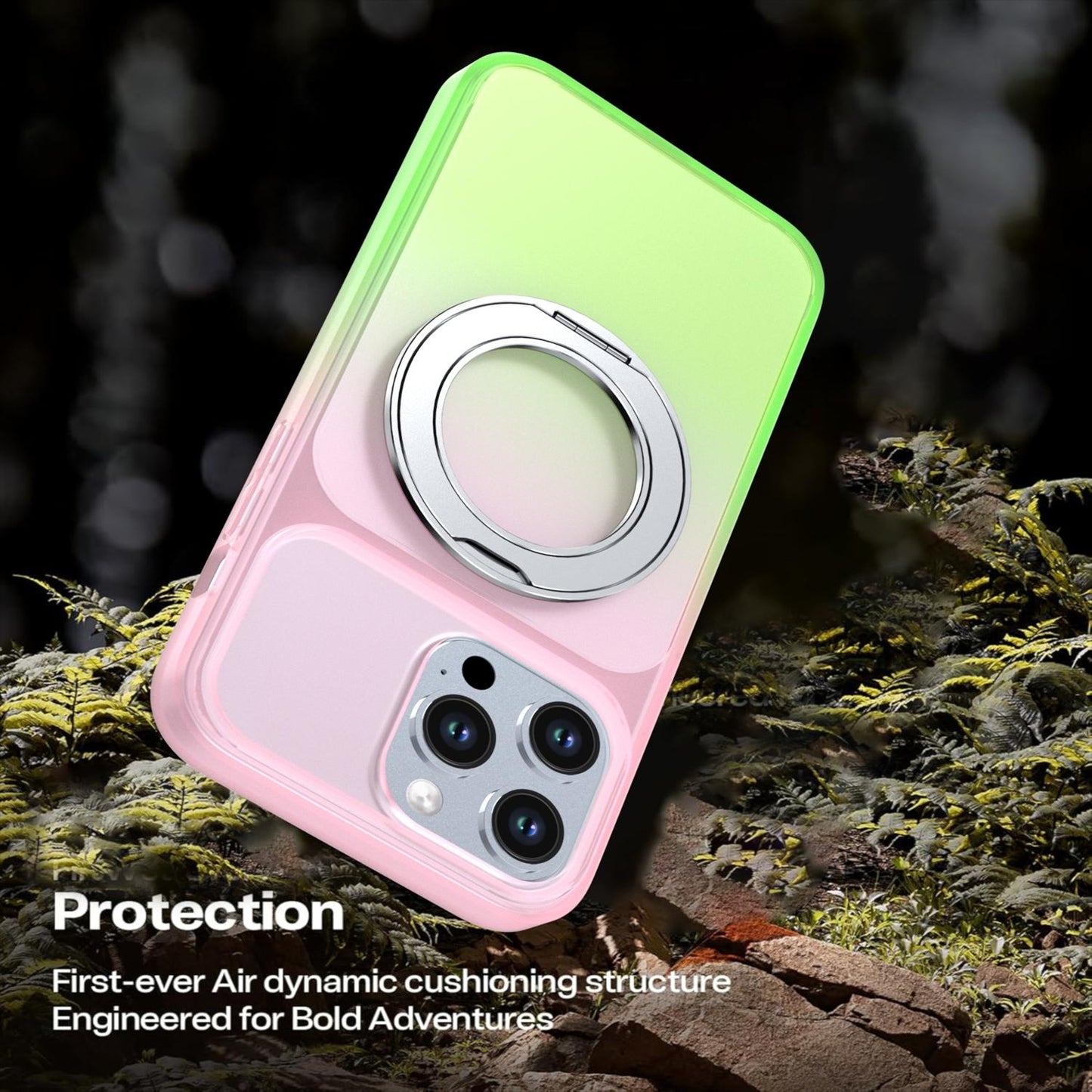 For iPhone 14 Pro Max Phantom Skin Feel Gradient 360 Degree Rotating Holder Phone Case(Pink)