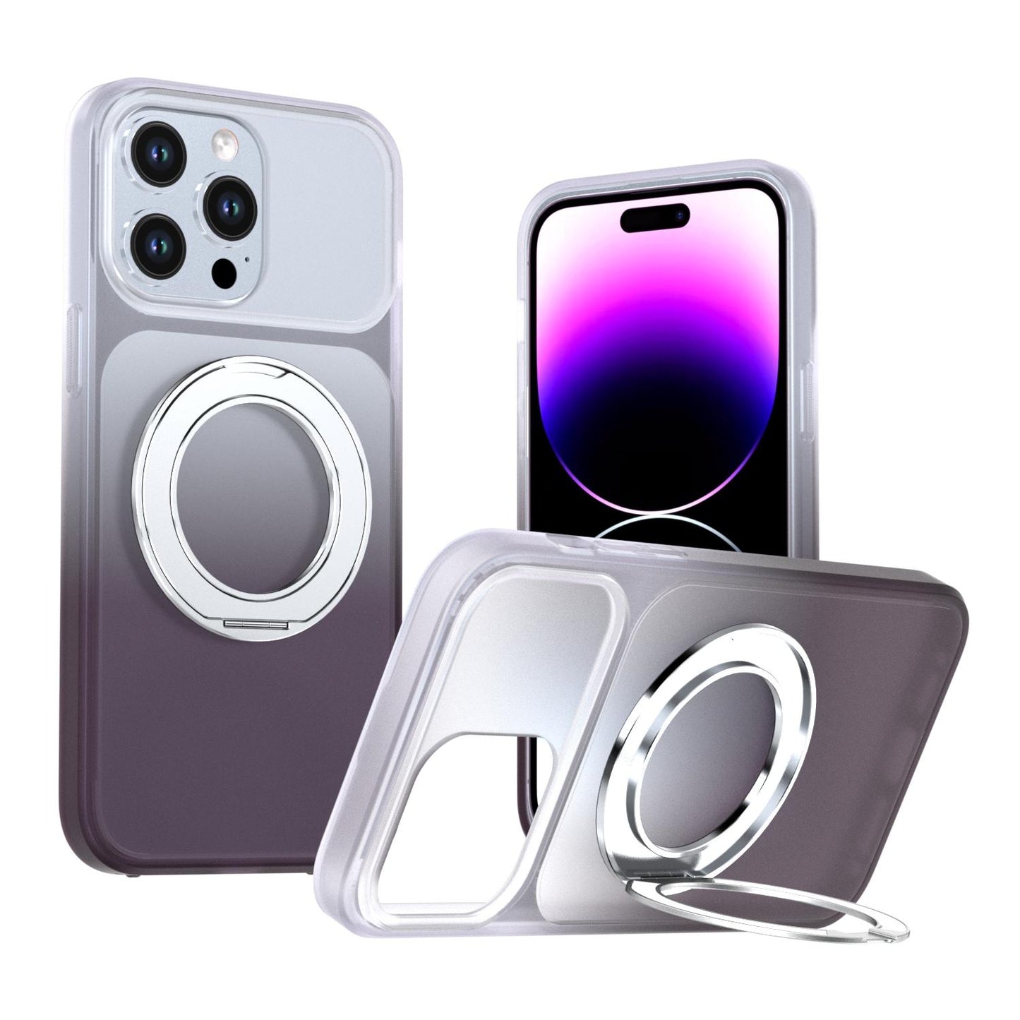 For iPhone 14 Pro Max Phantom Skin Feel Gradient 360 Degree Rotating Holder Phone Case(Grey)