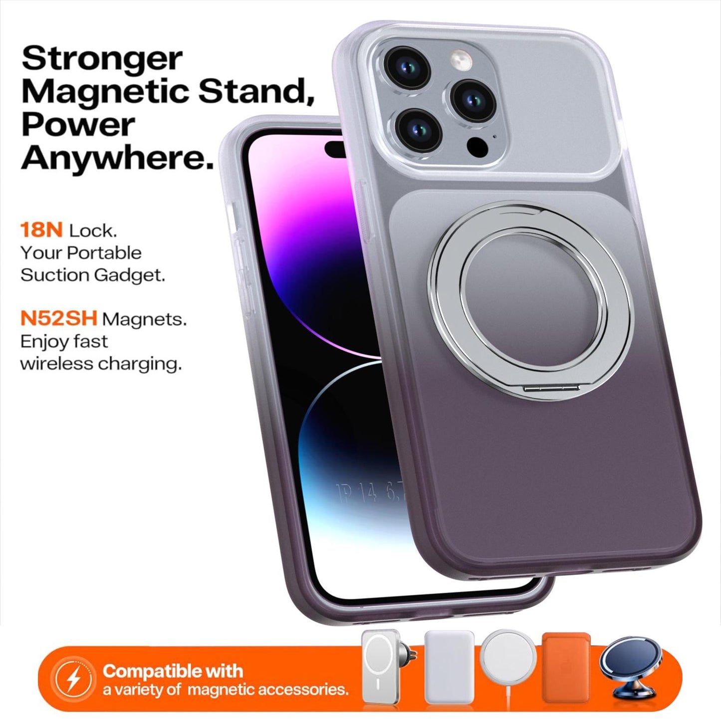 For iPhone 14 Pro Max Phantom Skin Feel Gradient 360 Degree Rotating Holder Phone Case(Grey)
