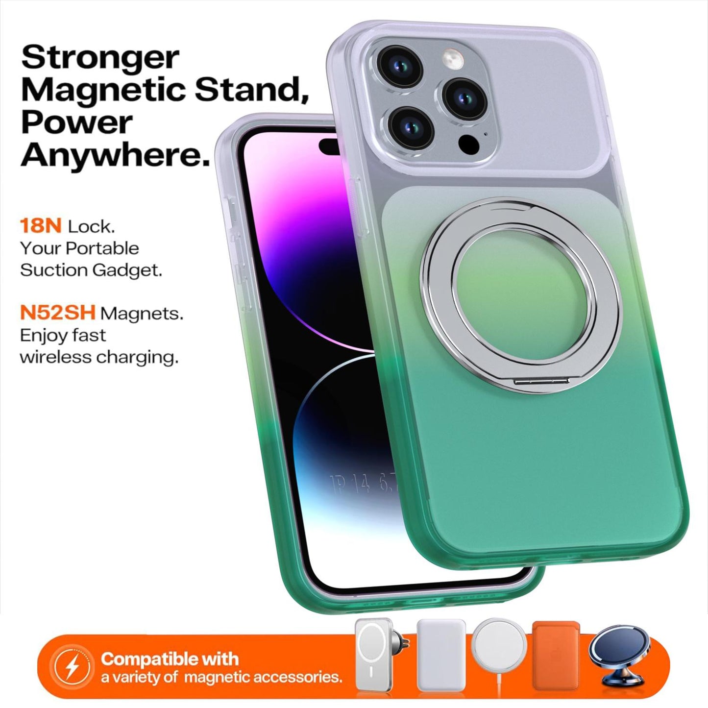 For iPhone 14 Pro Max Phantom Skin Feel Gradient 360 Degree Rotating Holder Phone Case(Green)