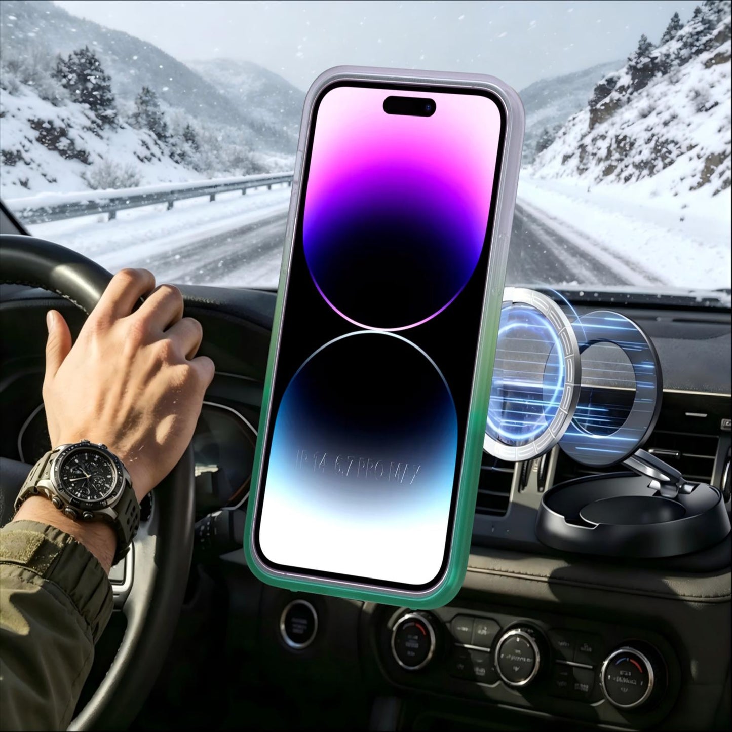 For iPhone 14 Pro Max Phantom Skin Feel Gradient 360 Degree Rotating Holder Phone Case(Green)