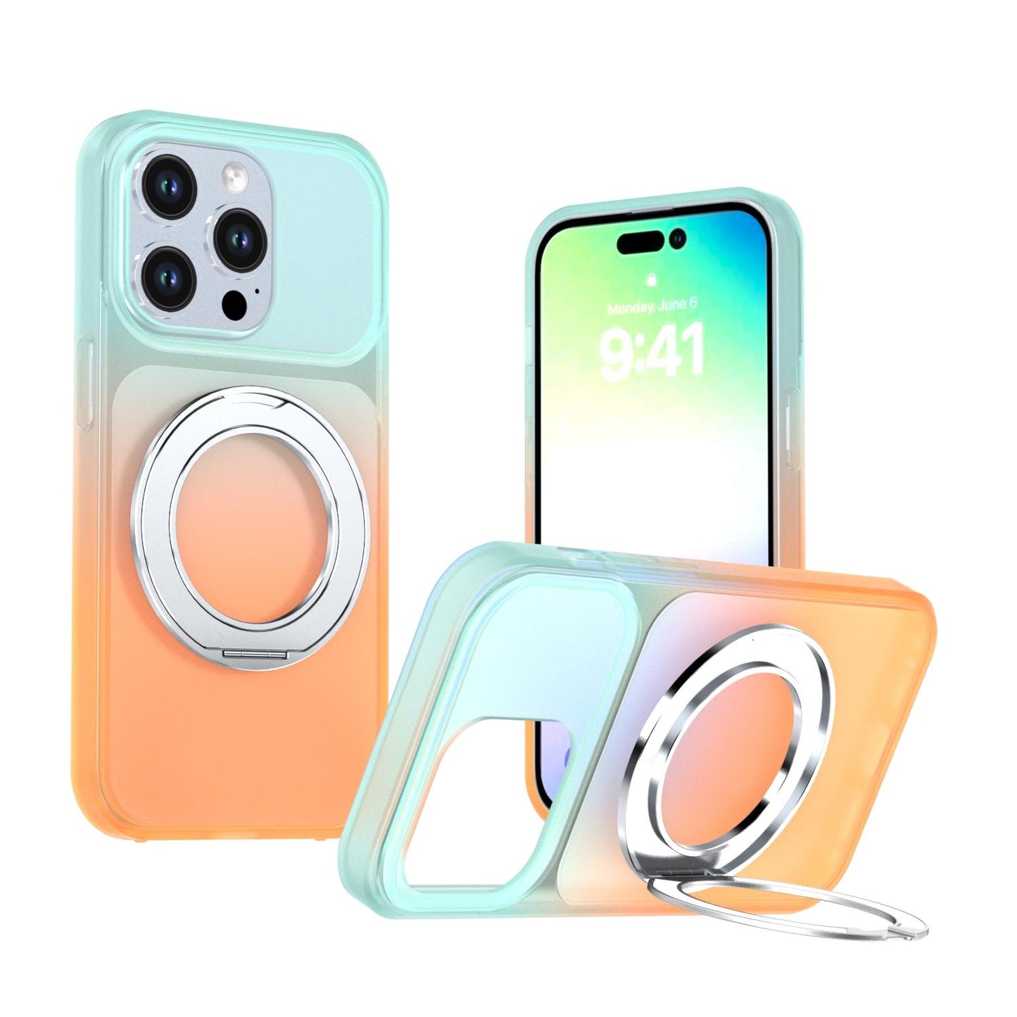 For iPhone 14 Pro Phantom Skin Feel Gradient 360 Degree Rotating Holder Phone Case(Orange)