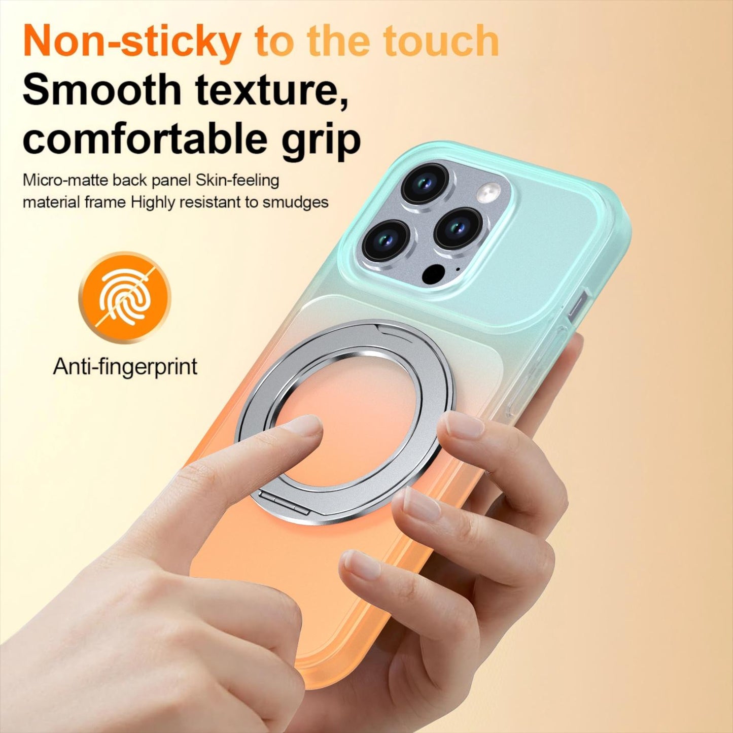 For iPhone 14 Pro Phantom Skin Feel Gradient 360 Degree Rotating Holder Phone Case(Orange)