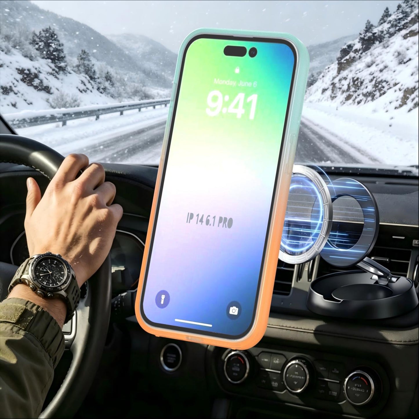 For iPhone 14 Pro Phantom Skin Feel Gradient 360 Degree Rotating Holder Phone Case(Orange)