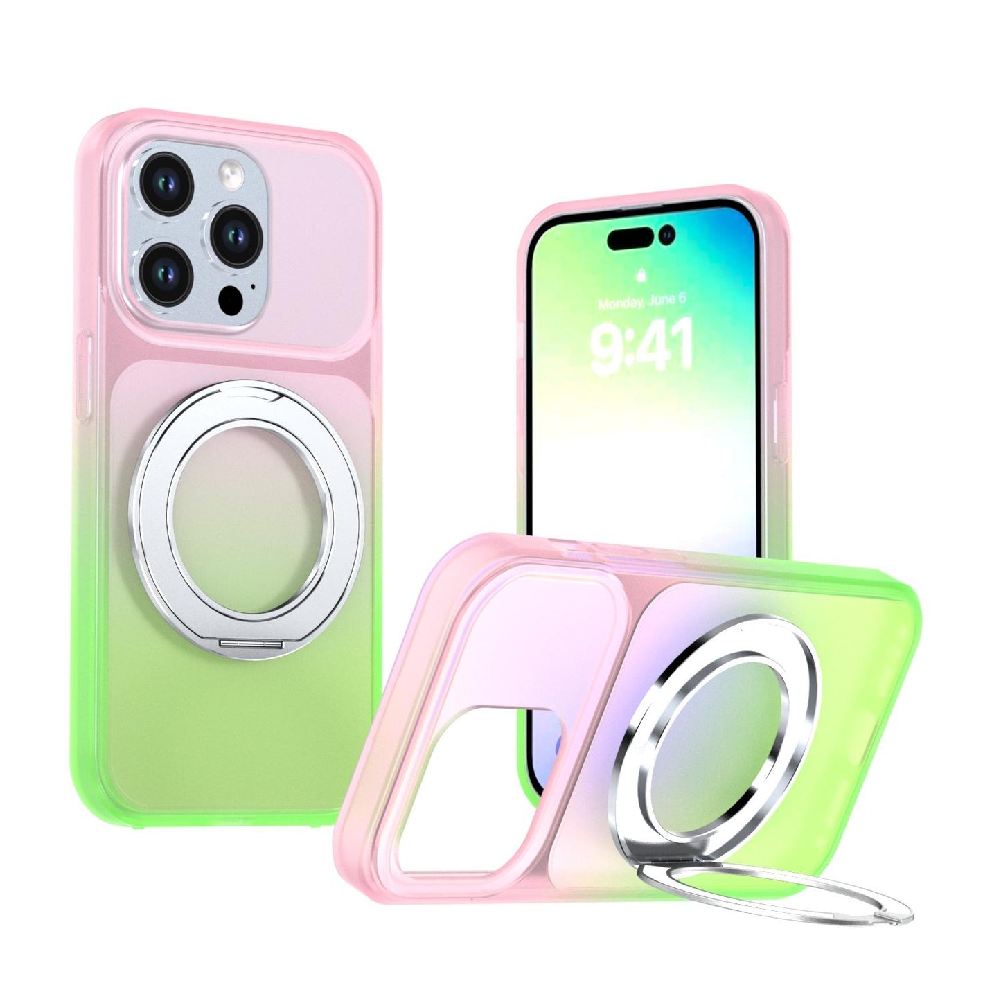 For iPhone 14 Pro Phantom Skin Feel Gradient 360 Degree Rotating Holder Phone Case(Pink)