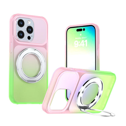 For iPhone 14 Pro Phantom Skin Feel Gradient 360 Degree Rotating Holder Phone Case(Pink)