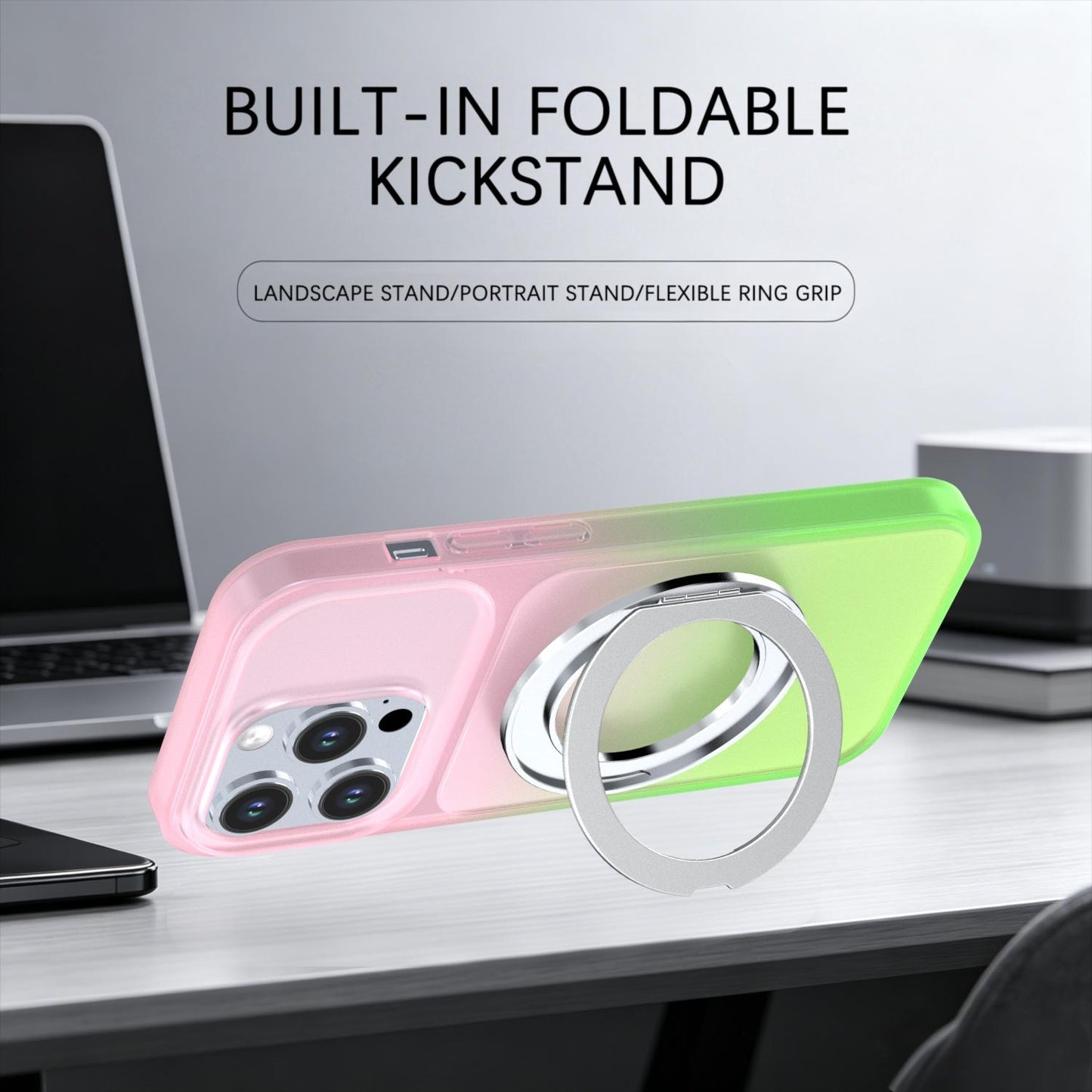 For iPhone 14 Pro Phantom Skin Feel Gradient 360 Degree Rotating Holder Phone Case(Pink)