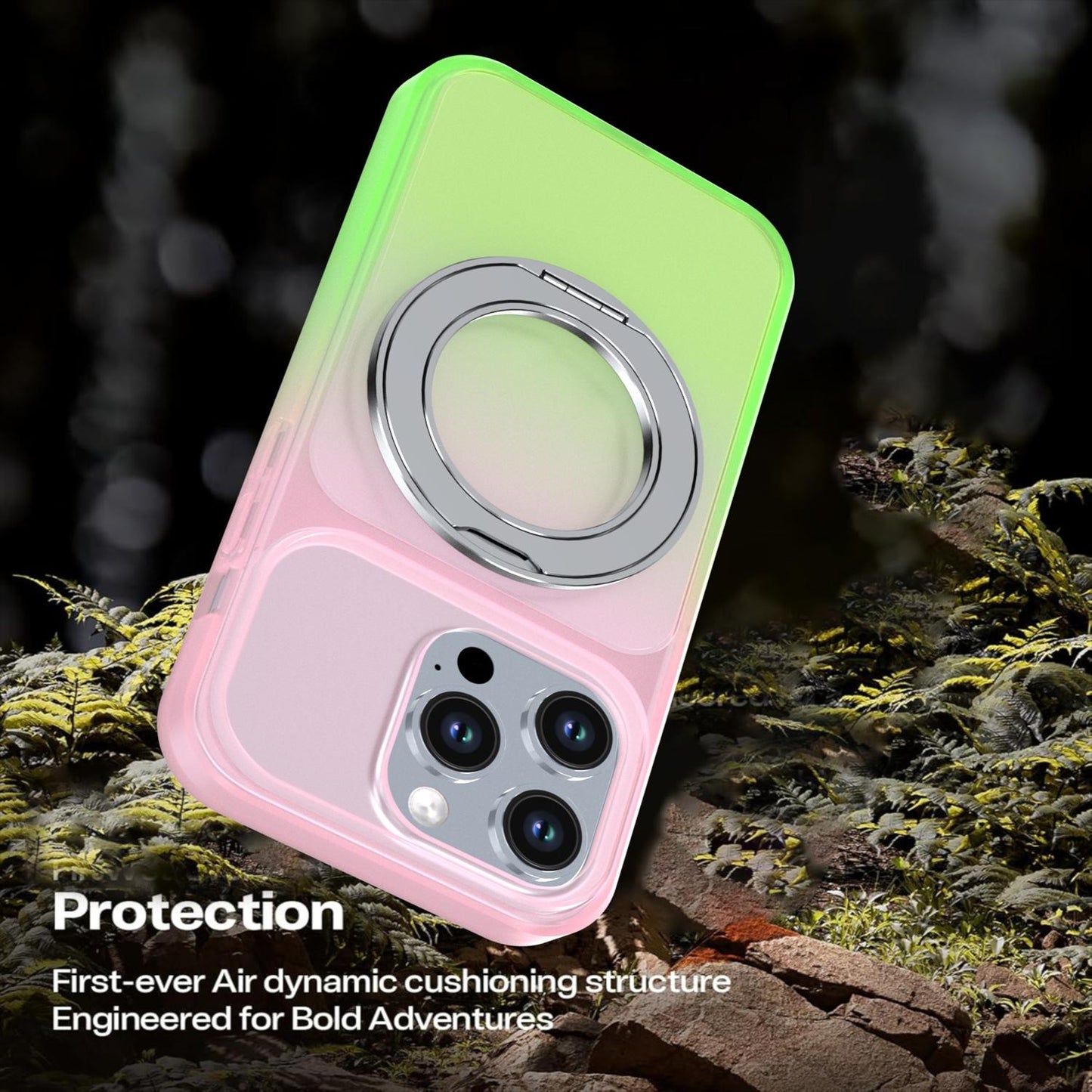 For iPhone 14 Pro Phantom Skin Feel Gradient 360 Degree Rotating Holder Phone Case(Pink)