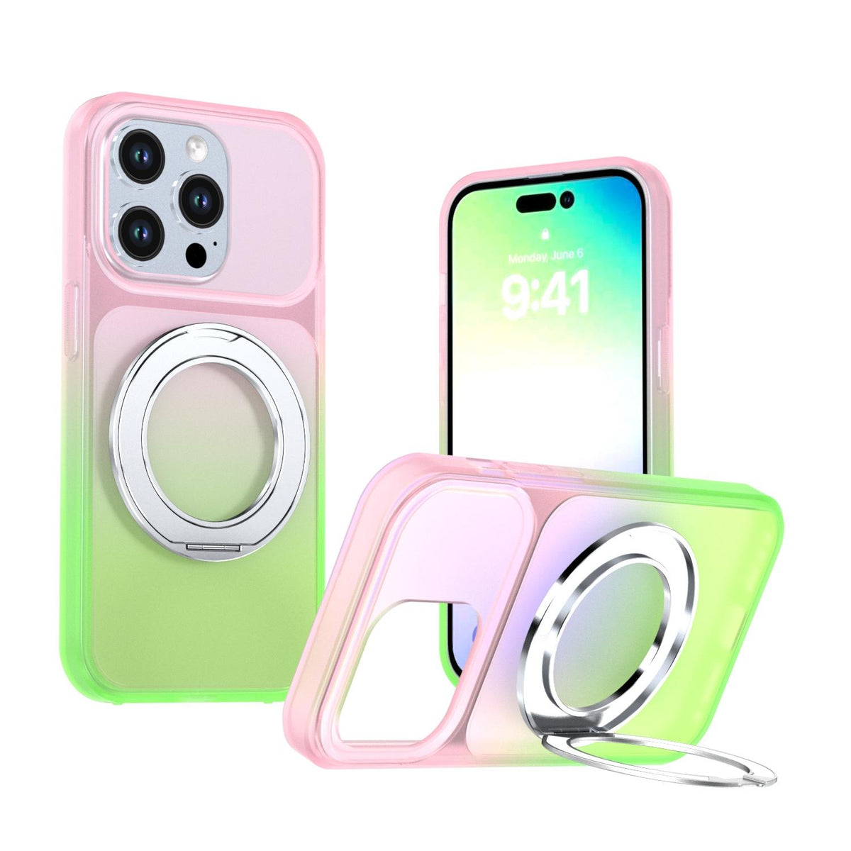 For iPhone 14 Pro Phantom Skin Feel Gradient 360 Degree Rotating Holder Phone Case - Pink - EDA009999014B